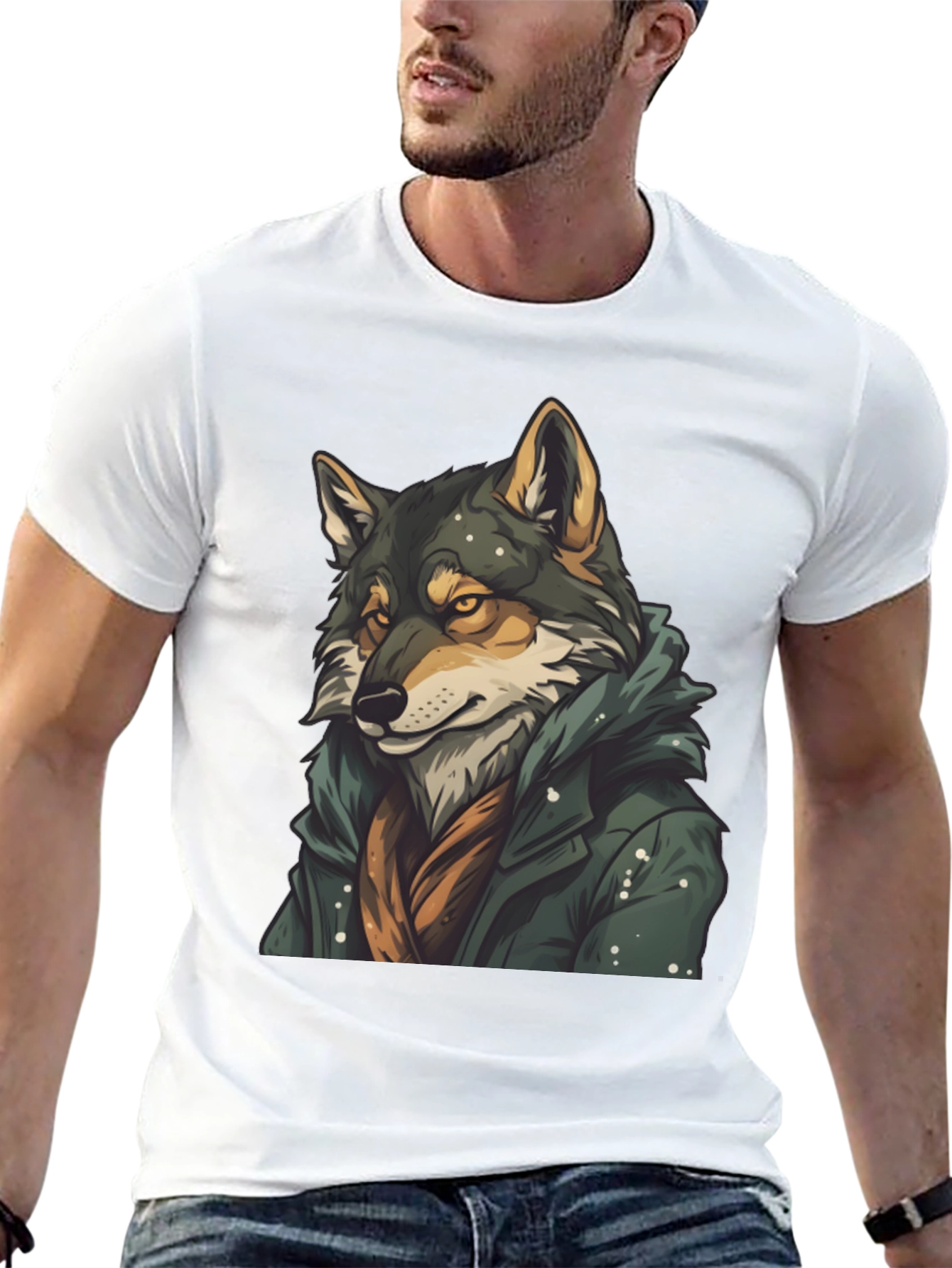 Wolf in Coat Graphic T-Shirt - Stylish Animal Tee