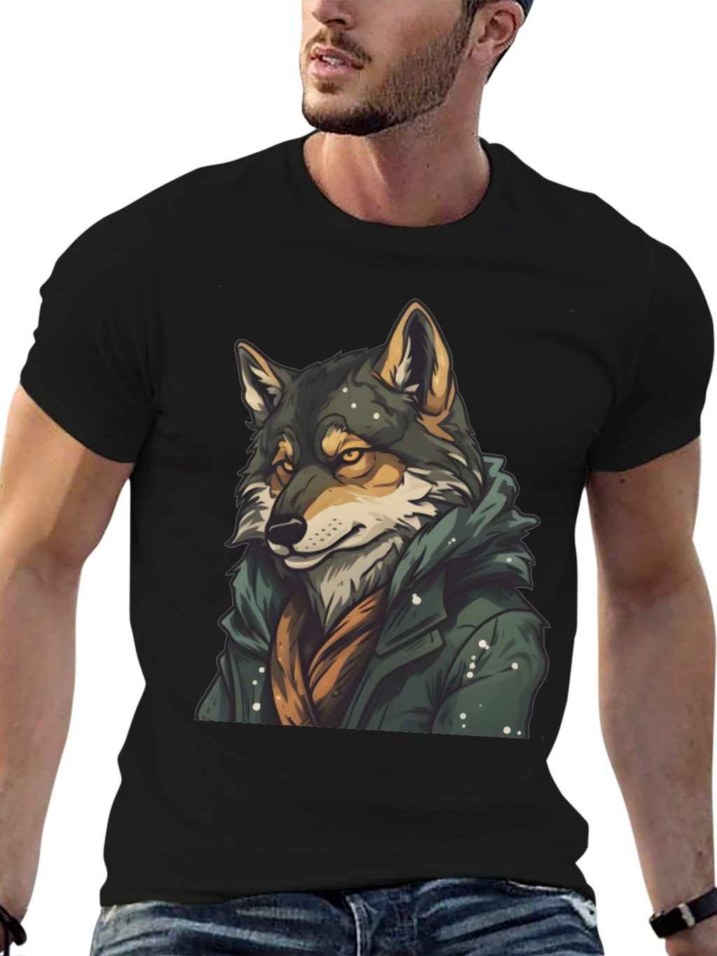 Wolf in Coat Graphic T-Shirt - Stylish Animal Tee