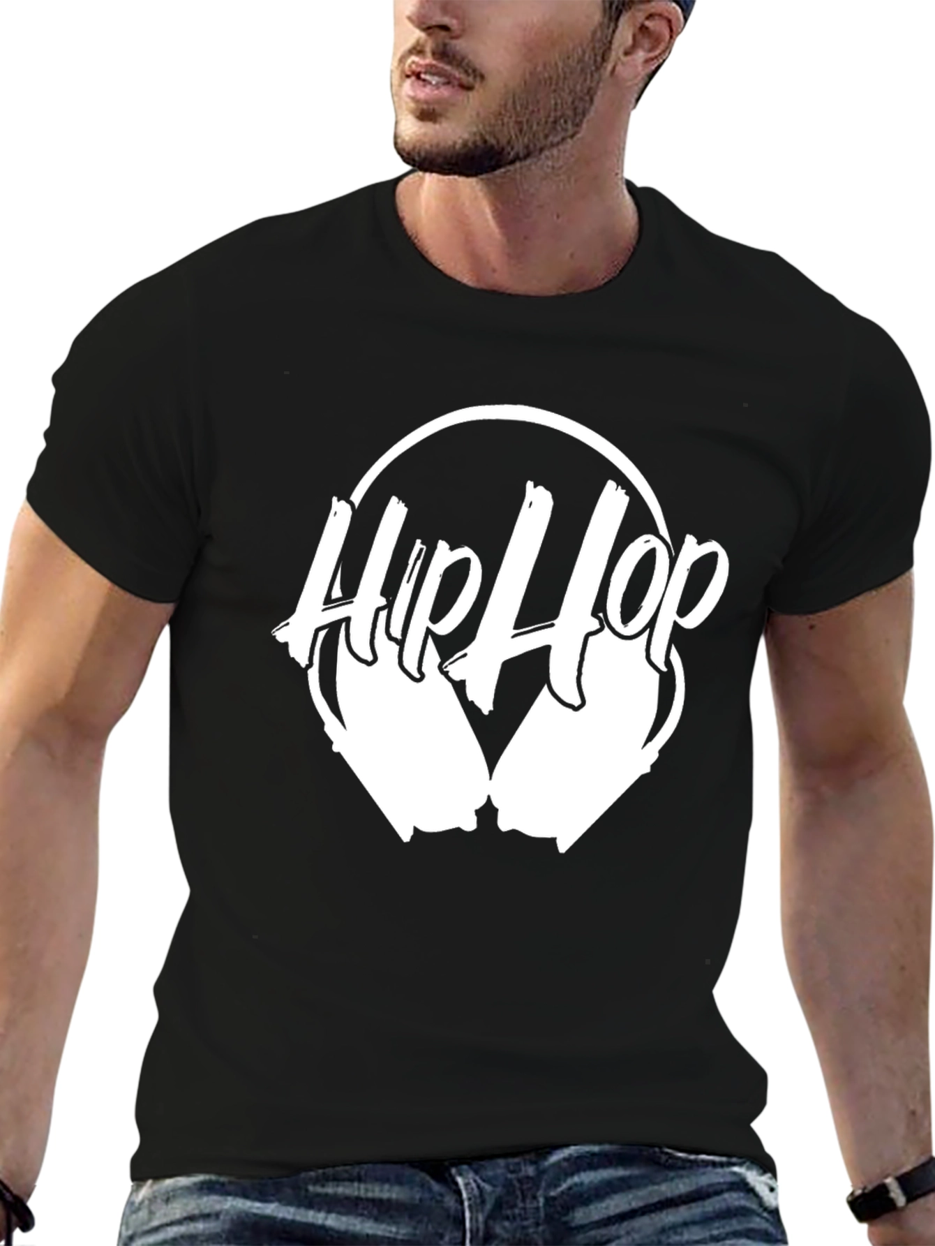 Hip Hop Headphones Graphic Tee - Black Cotton Blend