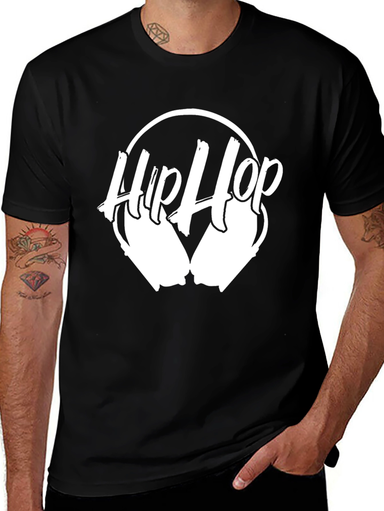 Hip Hop Headphones Graphic Tee - Black Cotton Blend