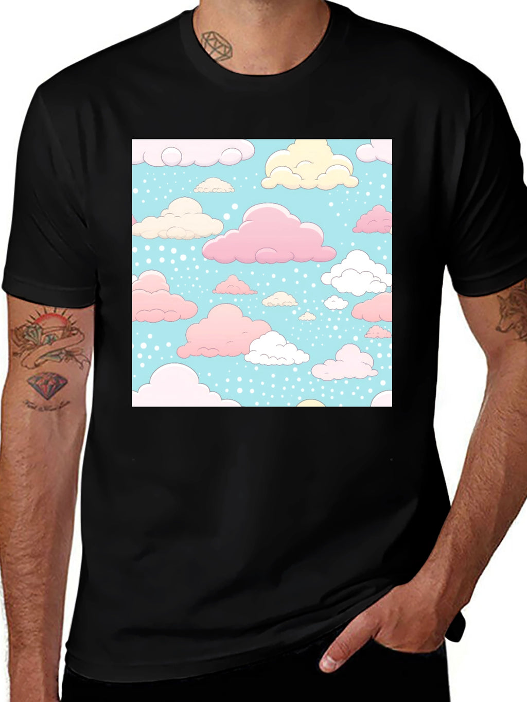 Cloud Pattern Black T-Shirt - Fun Whimsical Design