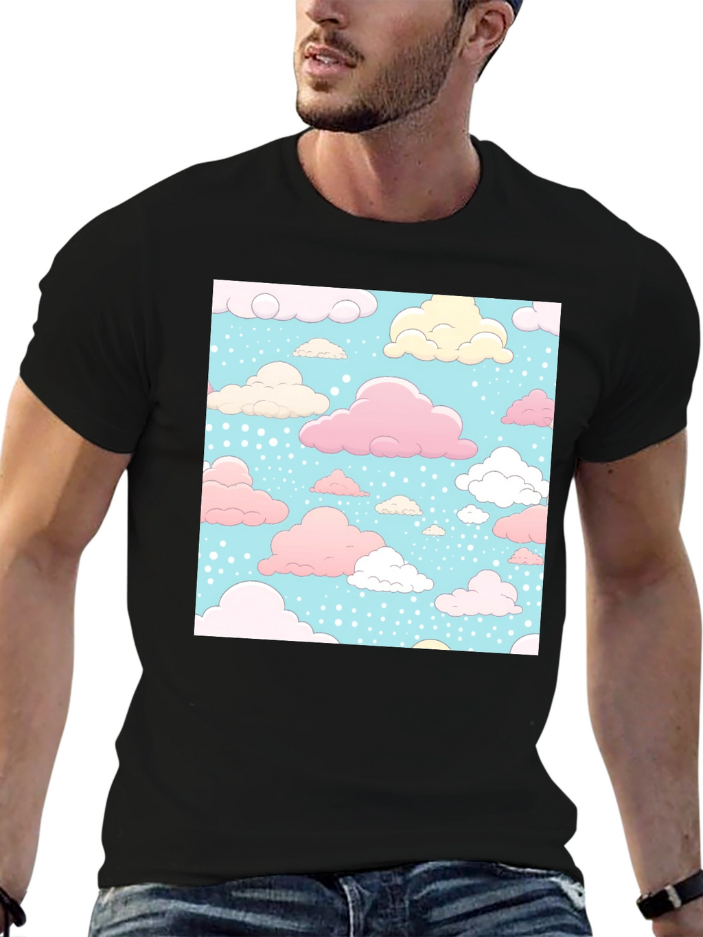 Cloud Pattern Black T-Shirt - Fun Whimsical Design
