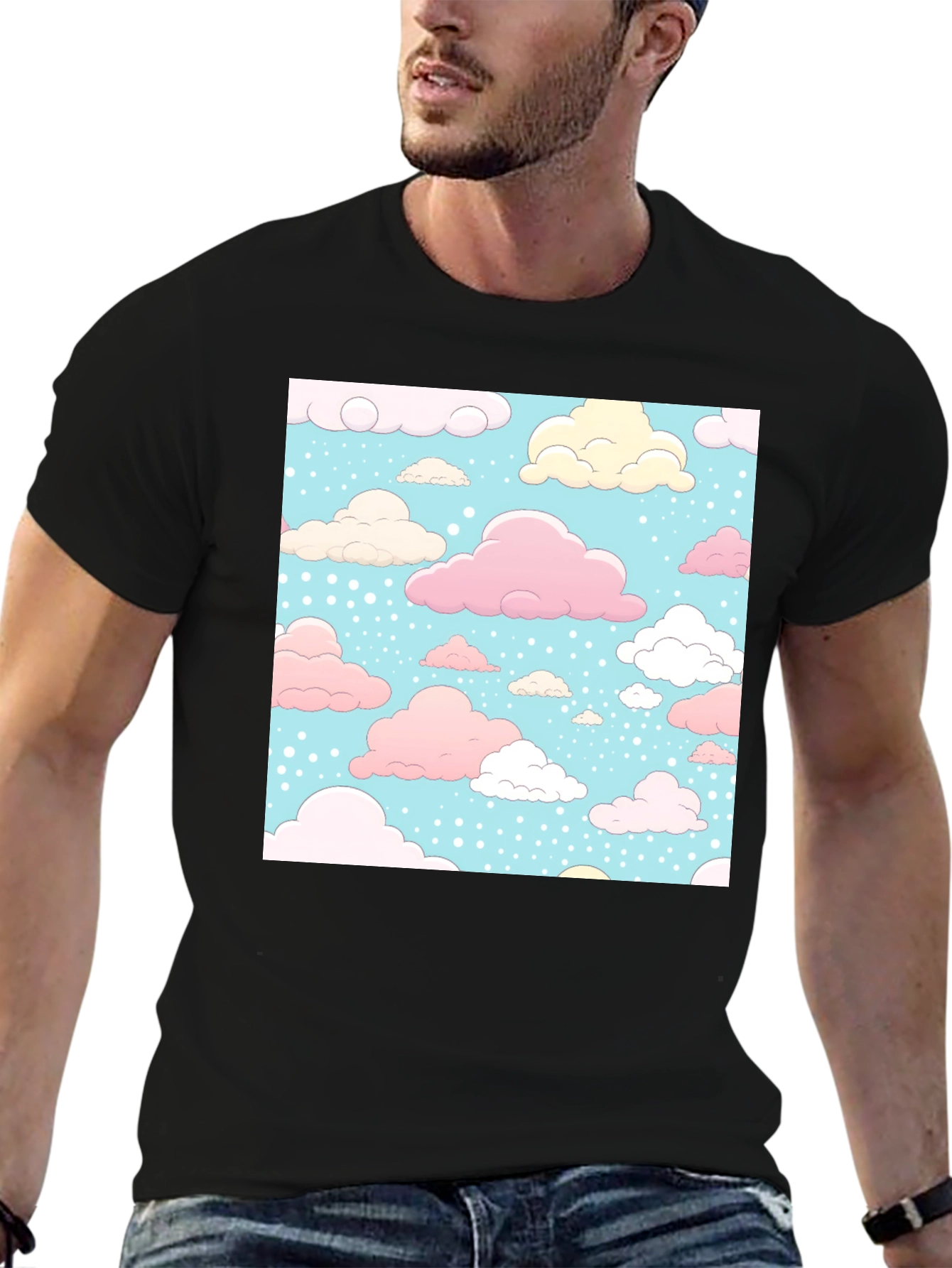 Cloud Pattern Black T-Shirt - Fun Whimsical Design