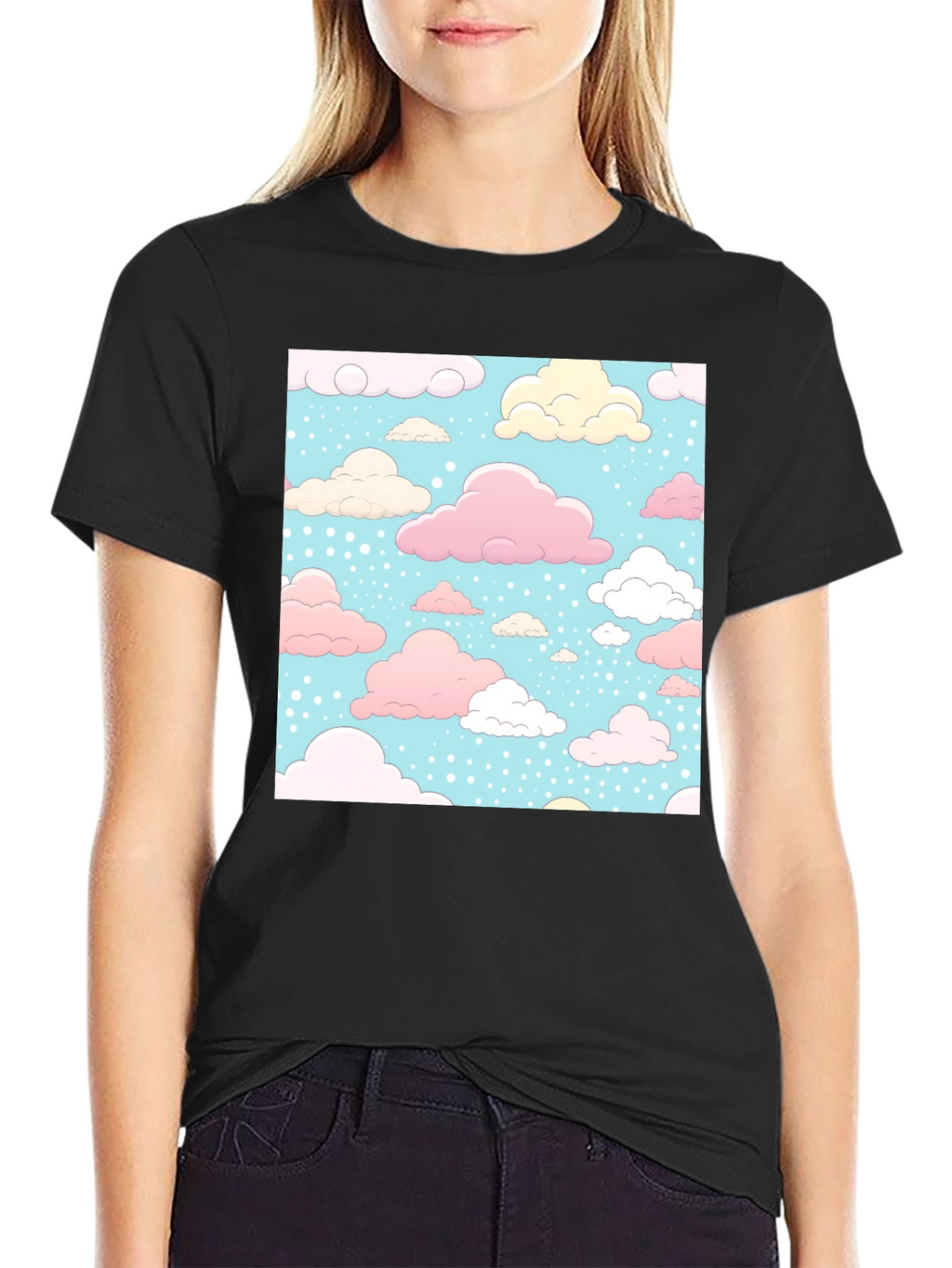 Cloud Pattern Black T-Shirt - Fun Whimsical Design
