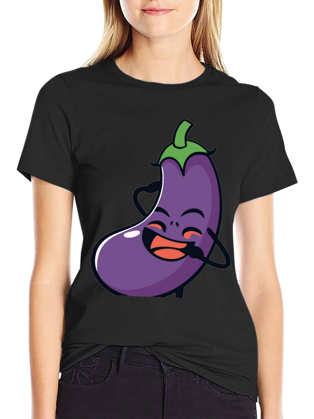 Funny Eggplant Graphic Tee - Black Cotton T-Shirt