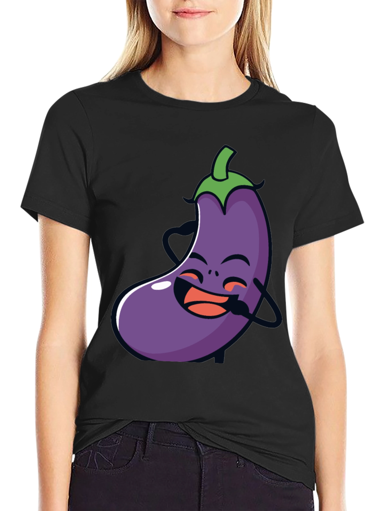 Funny Eggplant Graphic Tee - Black Cotton T-Shirt