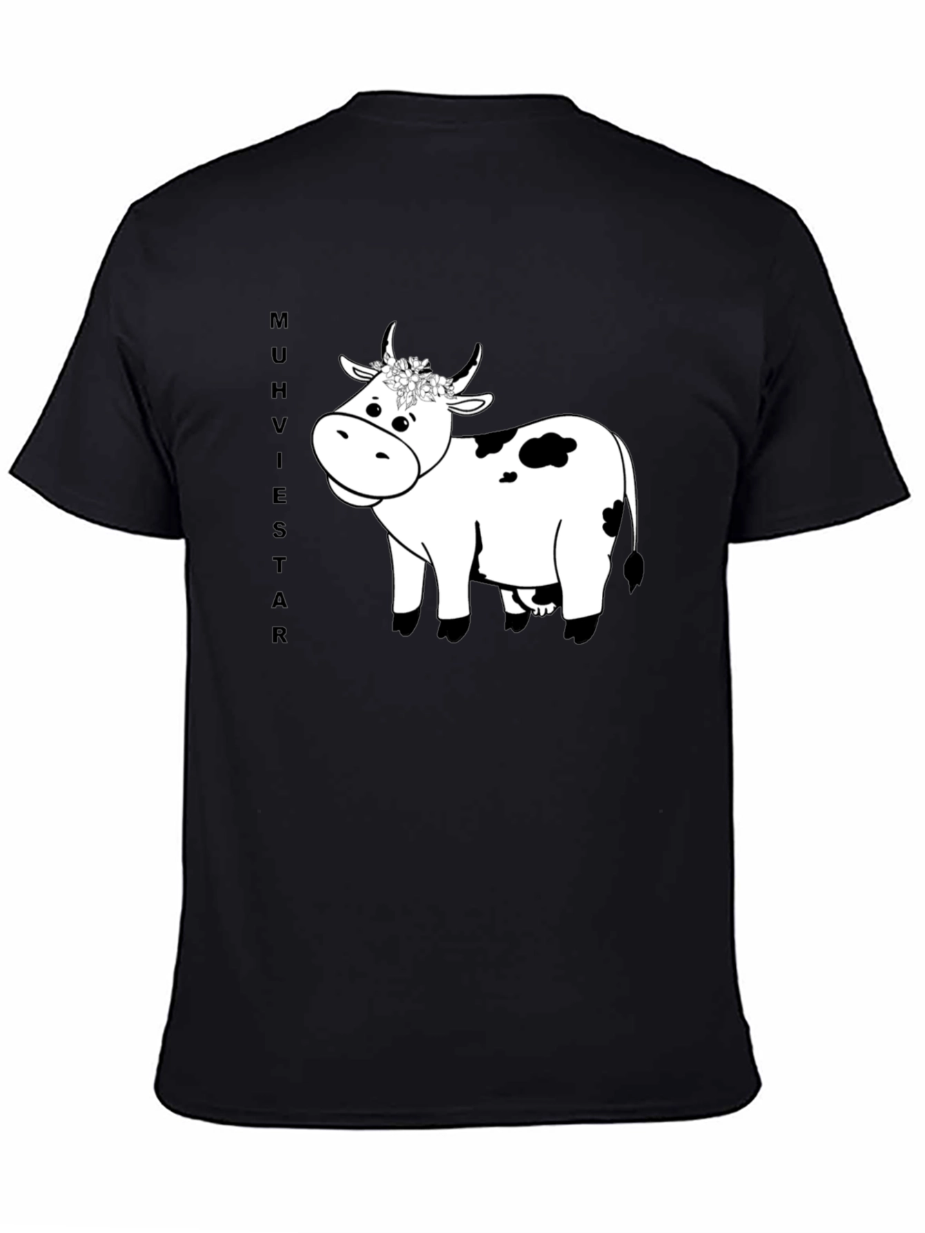 Cow T-Shirt - Black Cotton Tee with Floral Crown Cow Graphic