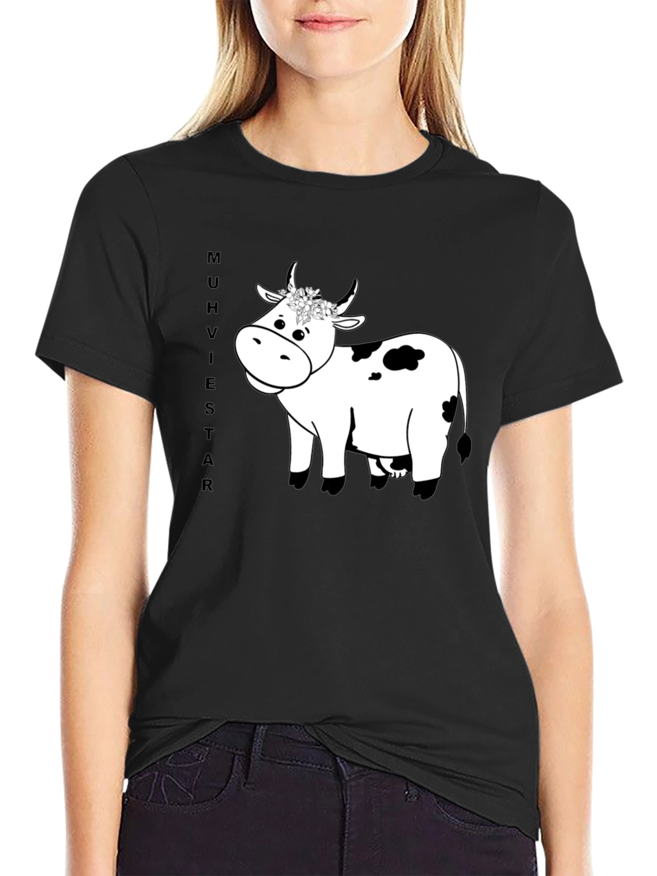 Cow T-Shirt - Black Cotton Tee with Floral Crown Cow Graphic