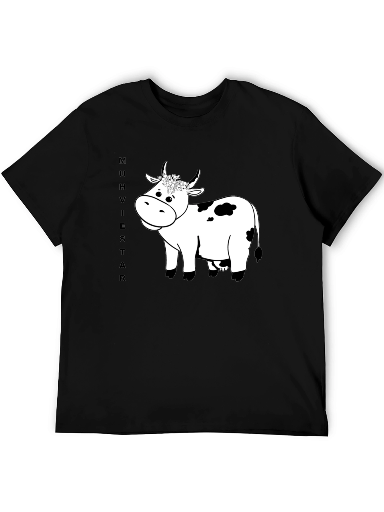 Cow T-Shirt - Black Cotton Tee with Floral Crown Cow Graphic