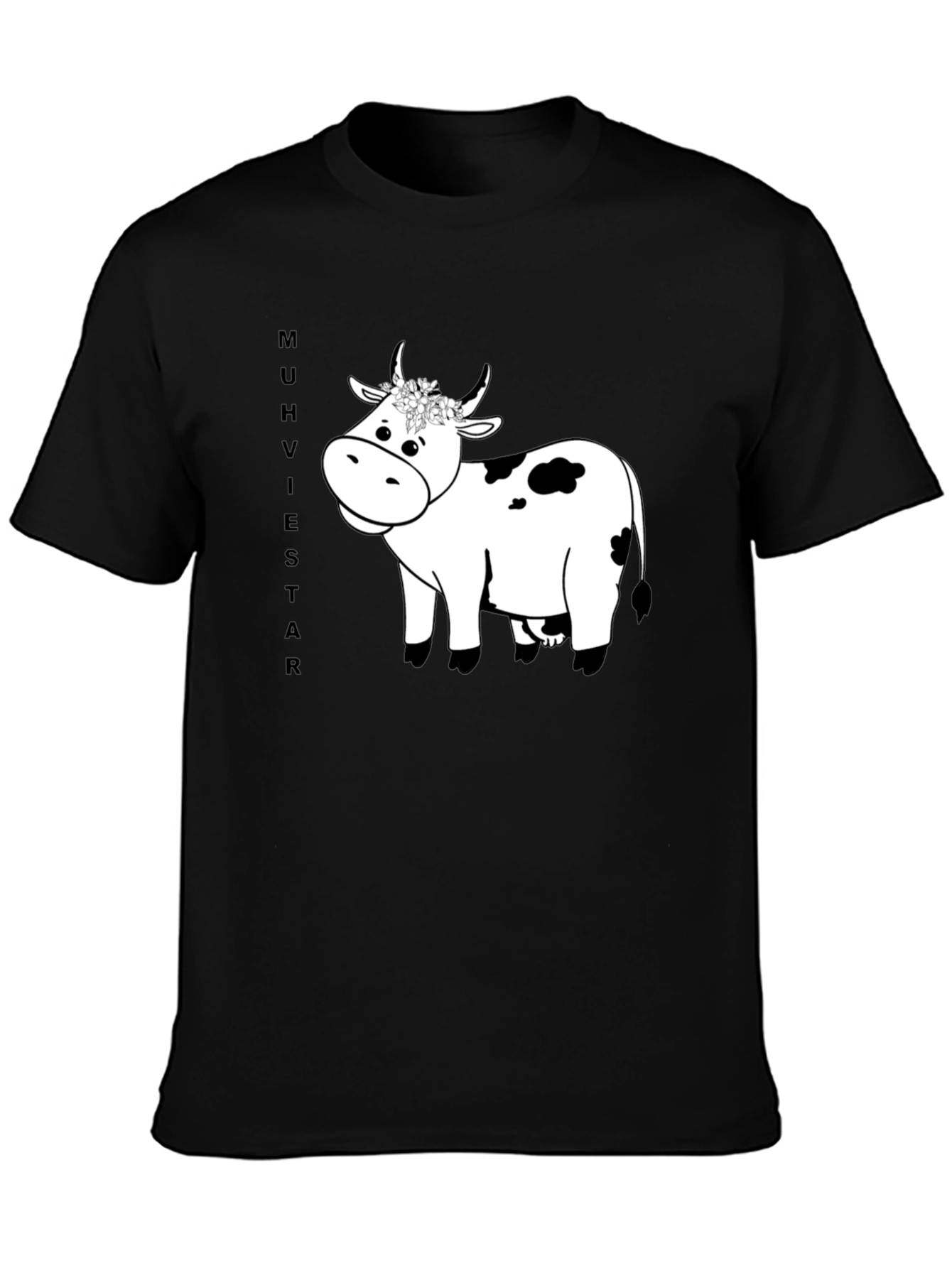 Cow T-Shirt - Black Cotton Tee with Floral Crown Cow Graphic