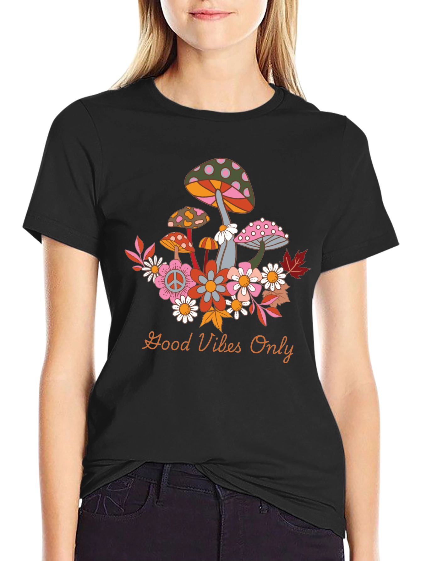 Groovy Mushroom & Flower Graphic Tee - Good Vibes Only!