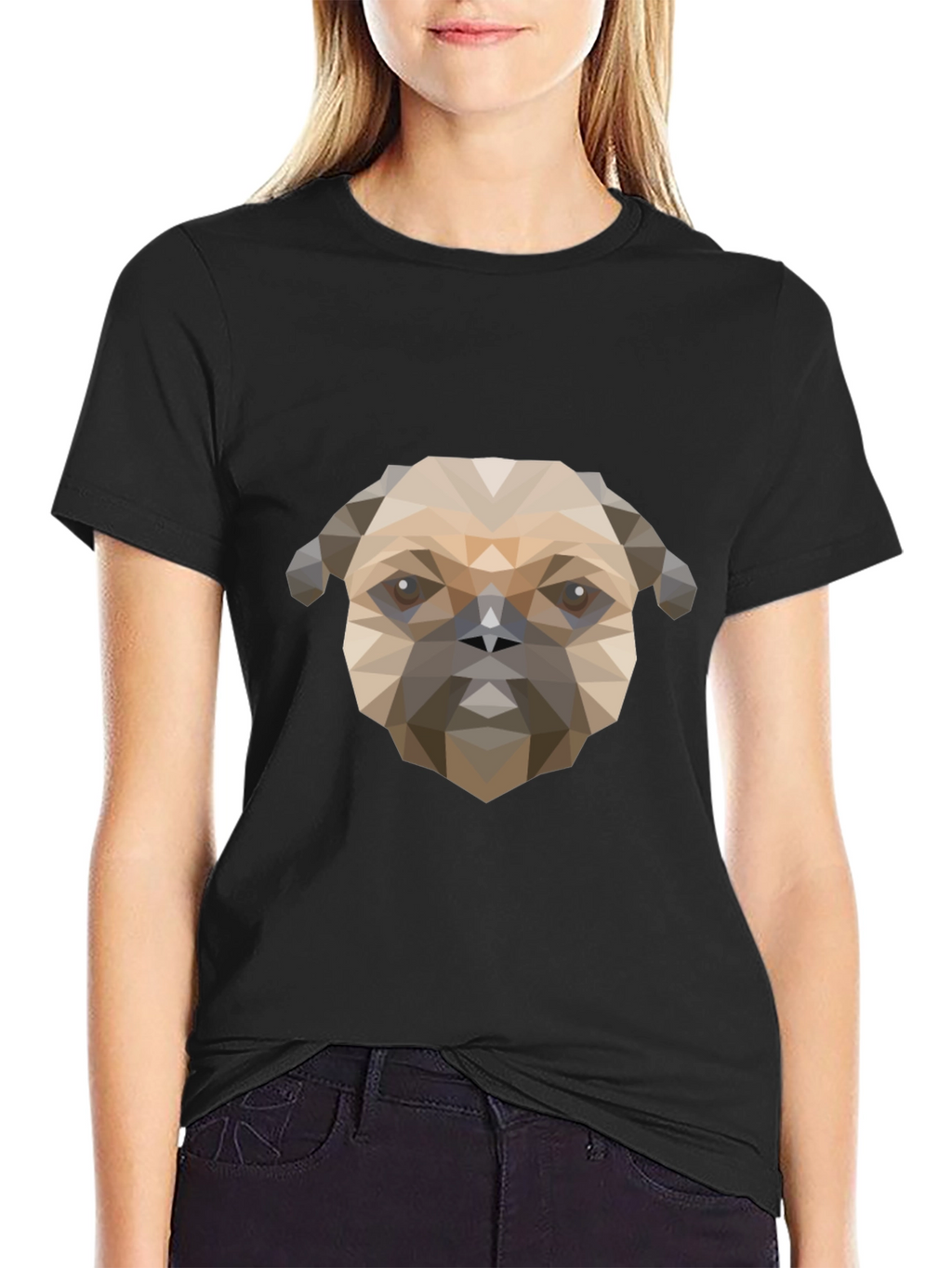 Geometric Pug Dog Graphic Print T-Shirt - Black