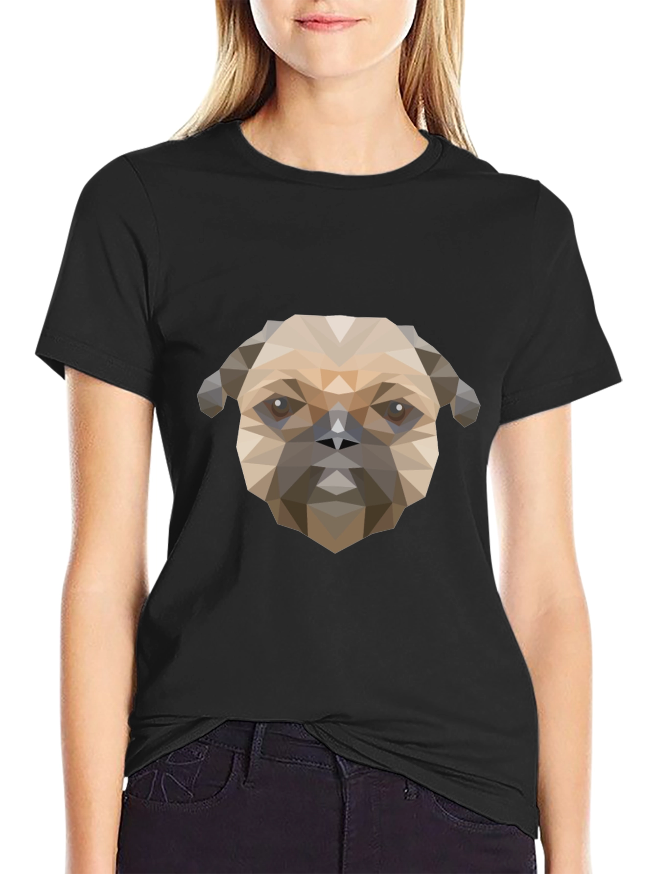 Geometric Pug Dog Graphic Print T-Shirt - Black