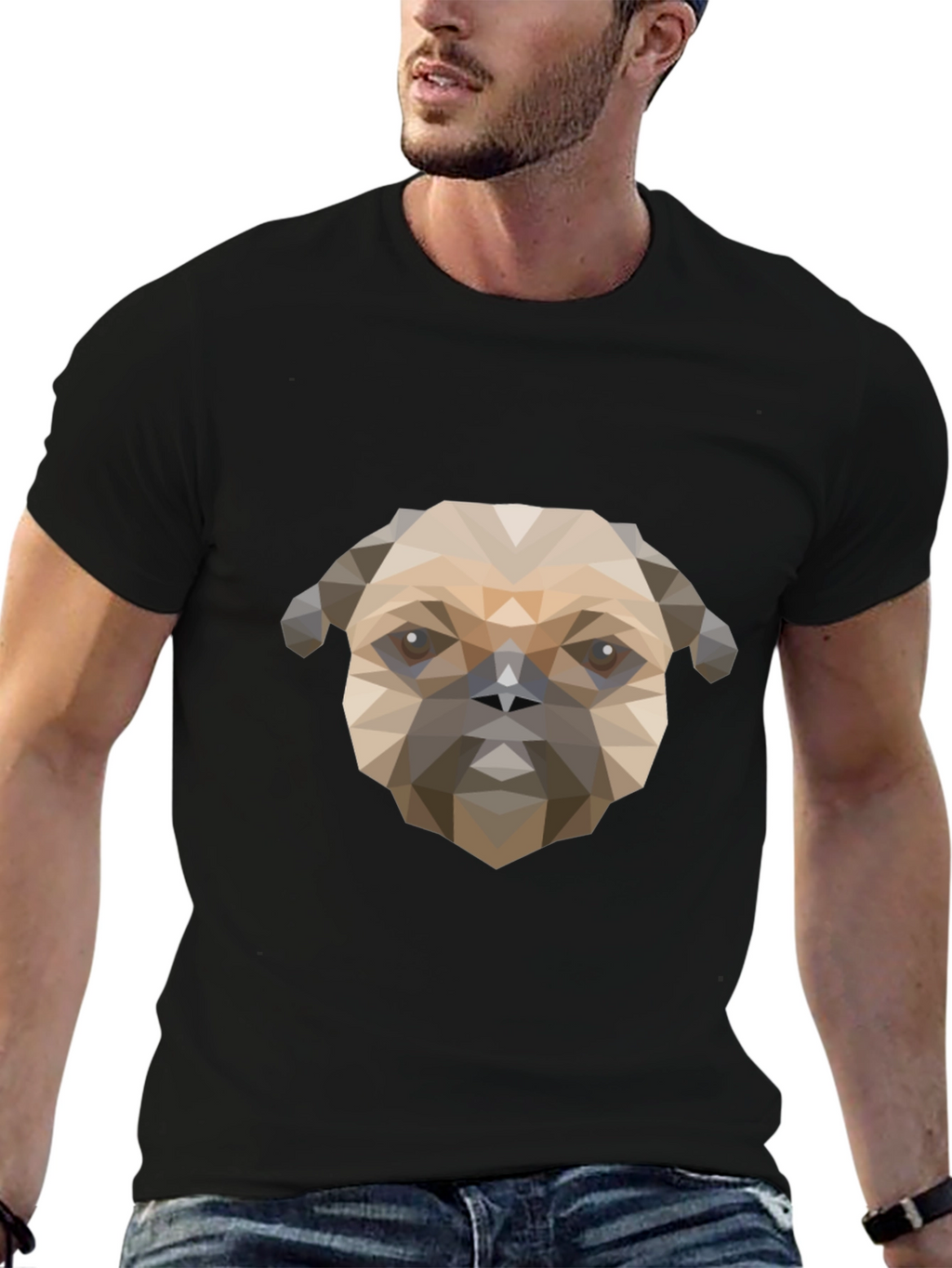 Geometric Pug Dog Graphic Print T-Shirt - Black