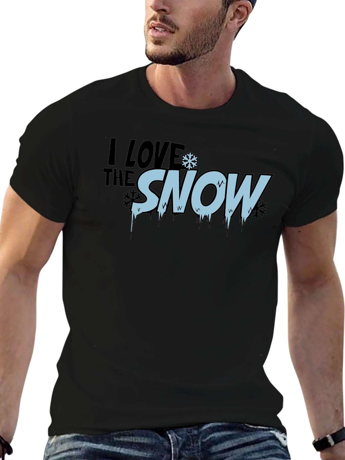 I Love Snow Mens Black Graphic T-Shirt