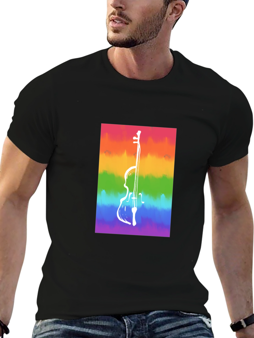 Rainbow Cello Graphic Tee - Black Cotton Casual Shirt