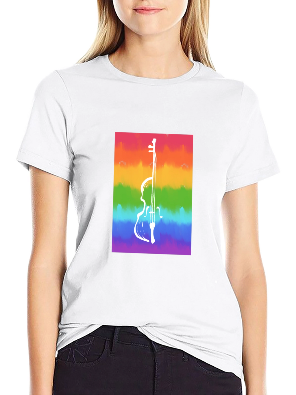 Rainbow Cello Graphic Tee - Black Cotton Casual Shirt