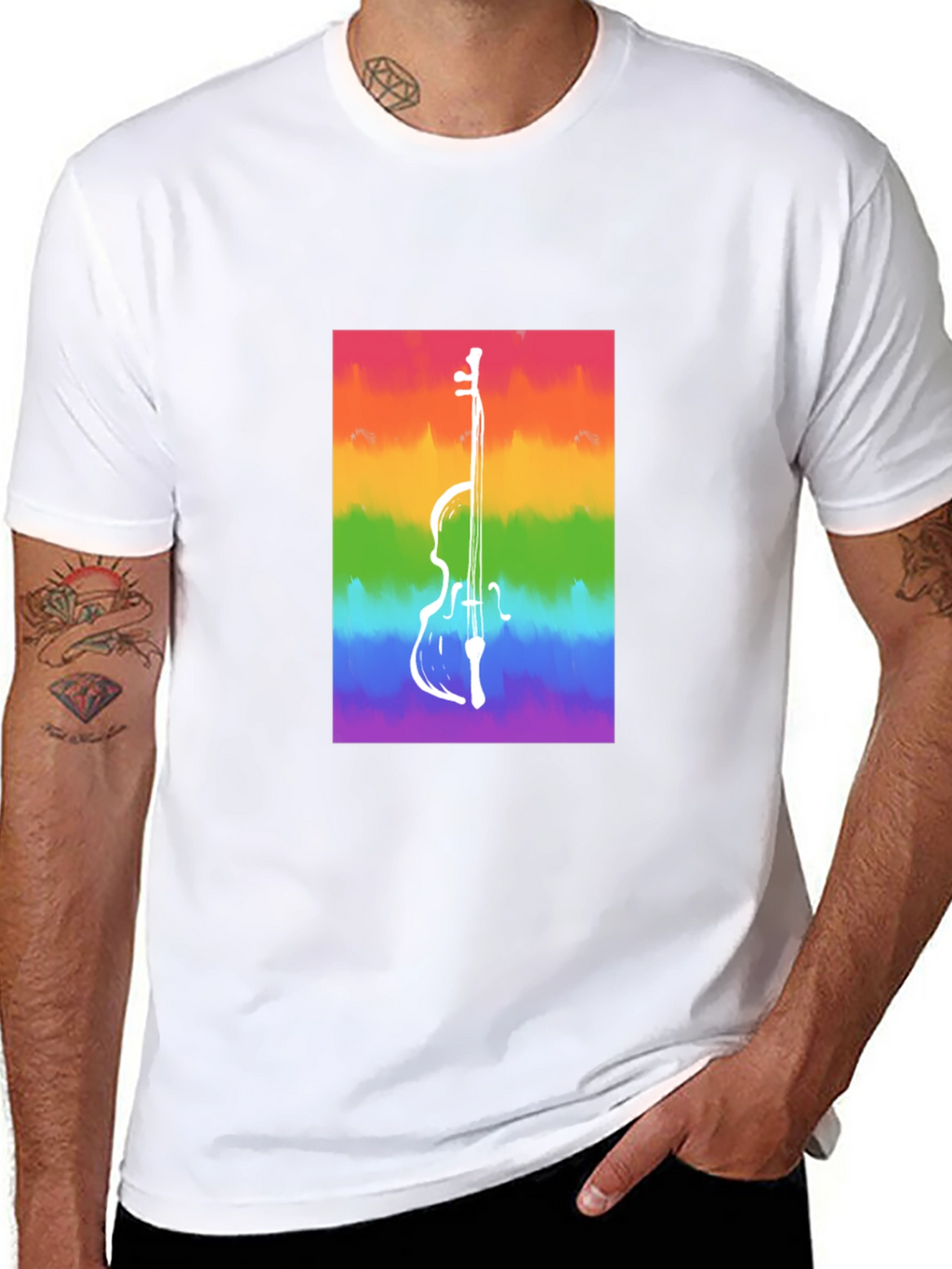 Rainbow Cello Graphic Tee - Black Cotton Casual Shirt
