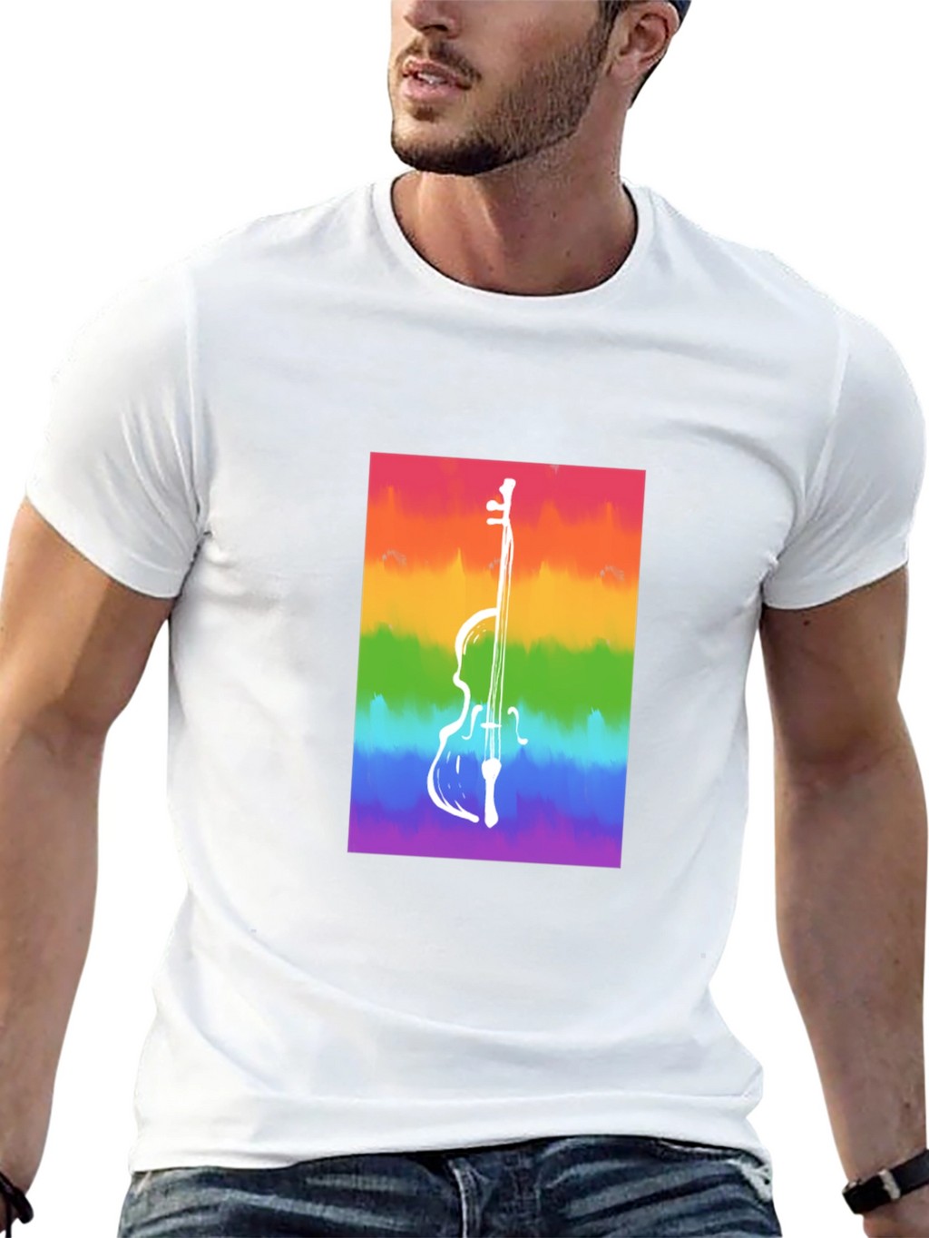 Rainbow Cello Graphic Tee - Black Cotton Casual Shirt