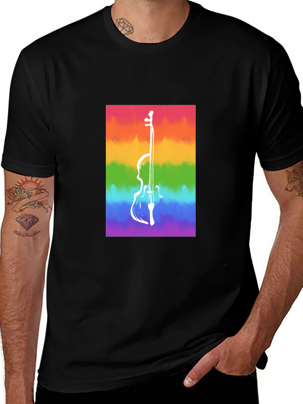 Rainbow Cello Graphic Tee - Black Cotton Casual Shirt