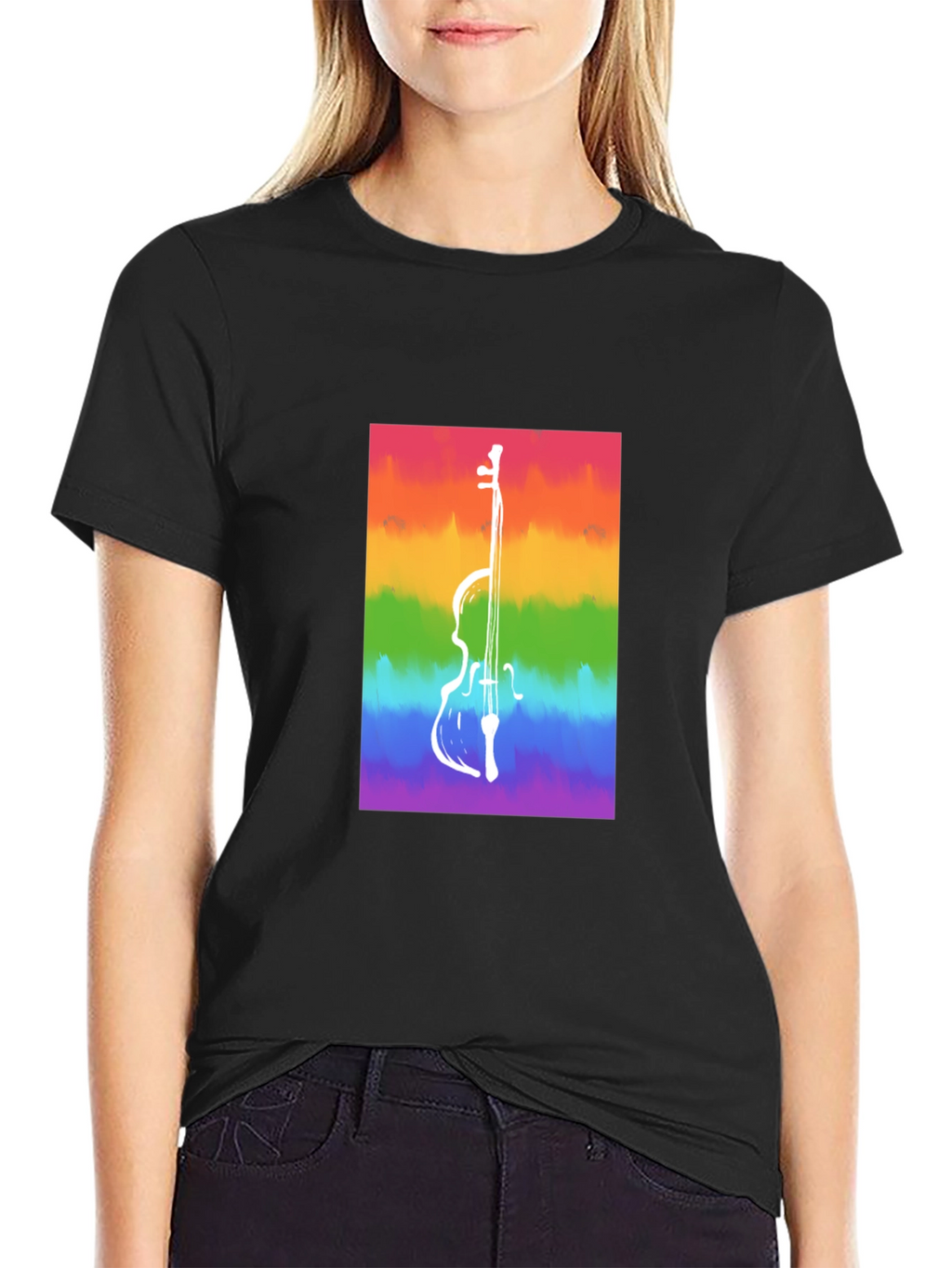 Rainbow Cello Graphic Tee - Black Cotton Casual Shirt