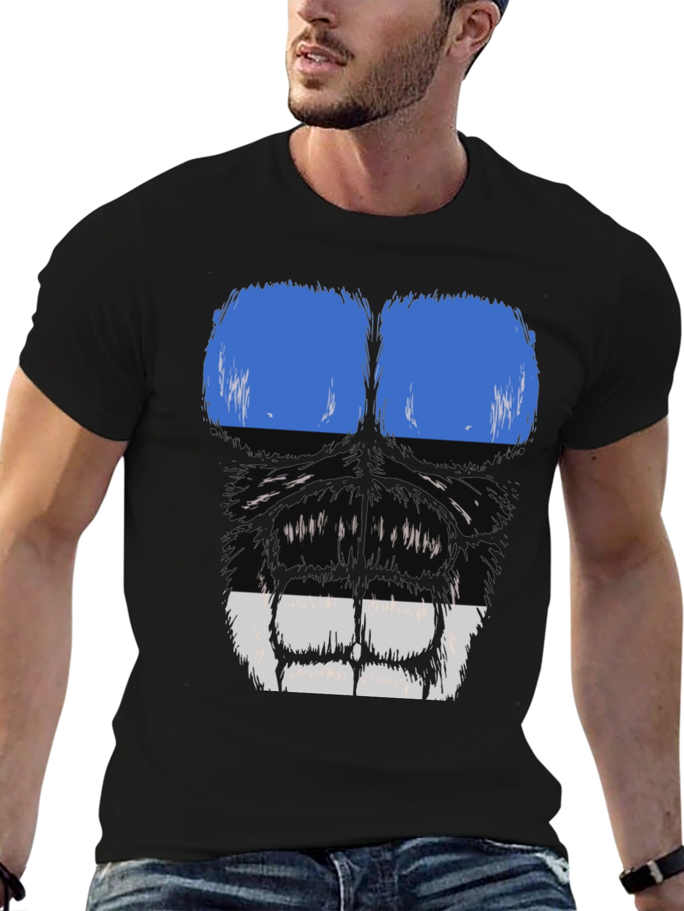 Gorilla Face Graphic T-Shirt - Blue & White