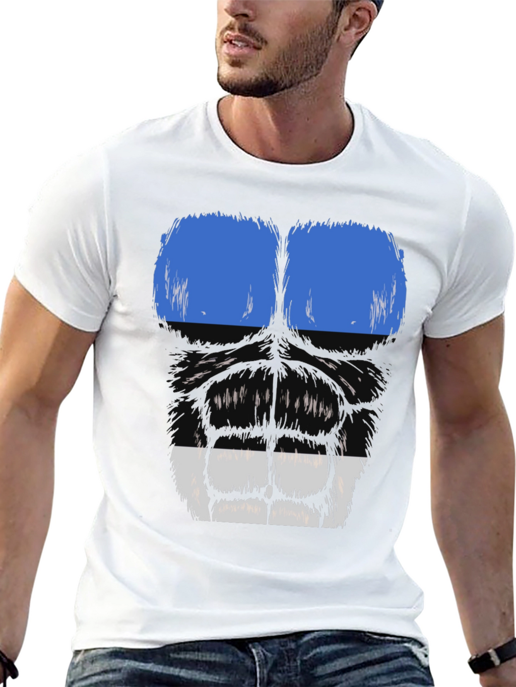 Gorilla Face Graphic T-Shirt - Blue & White