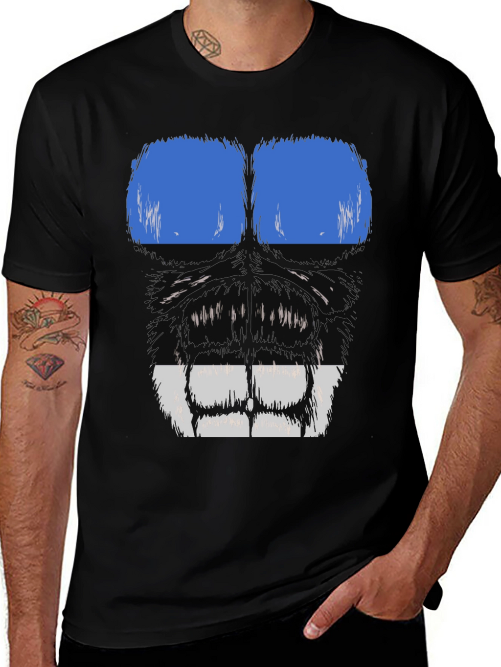 Gorilla Face Graphic T-Shirt - Blue & White