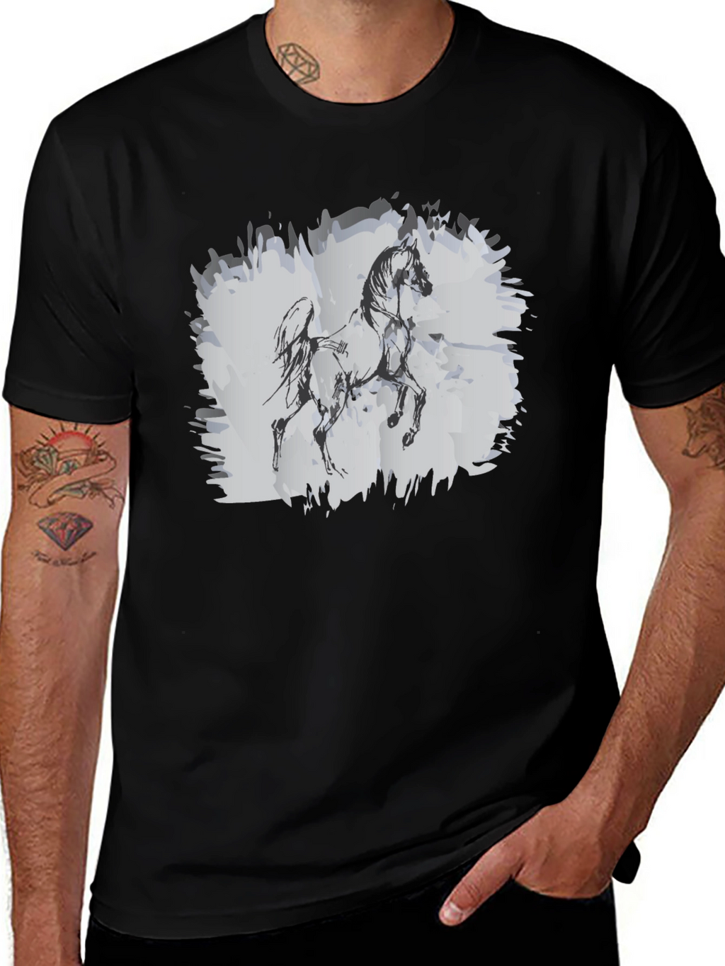 Horse Sketch Graphic Black T-Shirt
