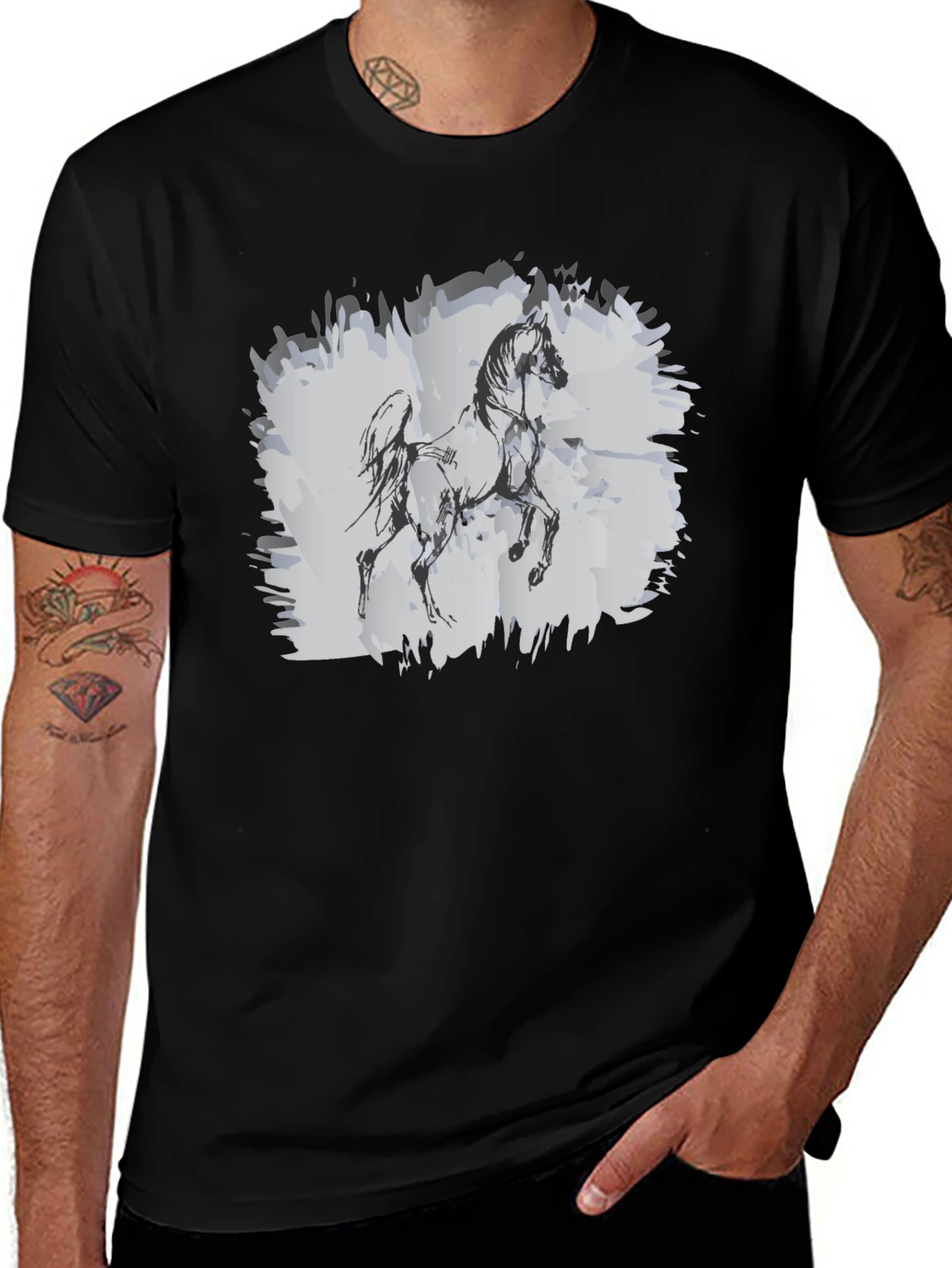 Horse Sketch Graphic Black T-Shirt