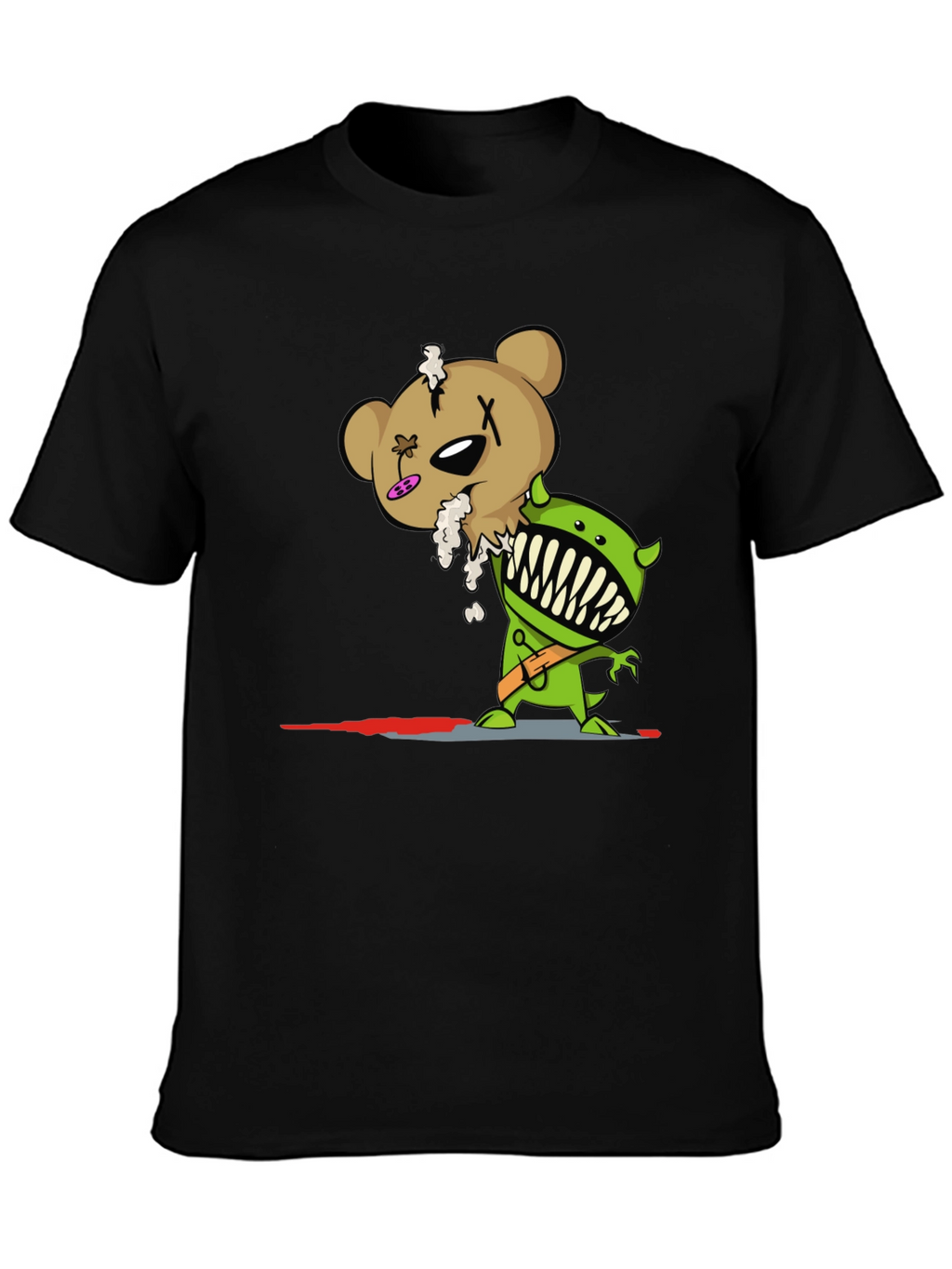 Cartoon Zombie Bear Graphic Print Black T-Shirt