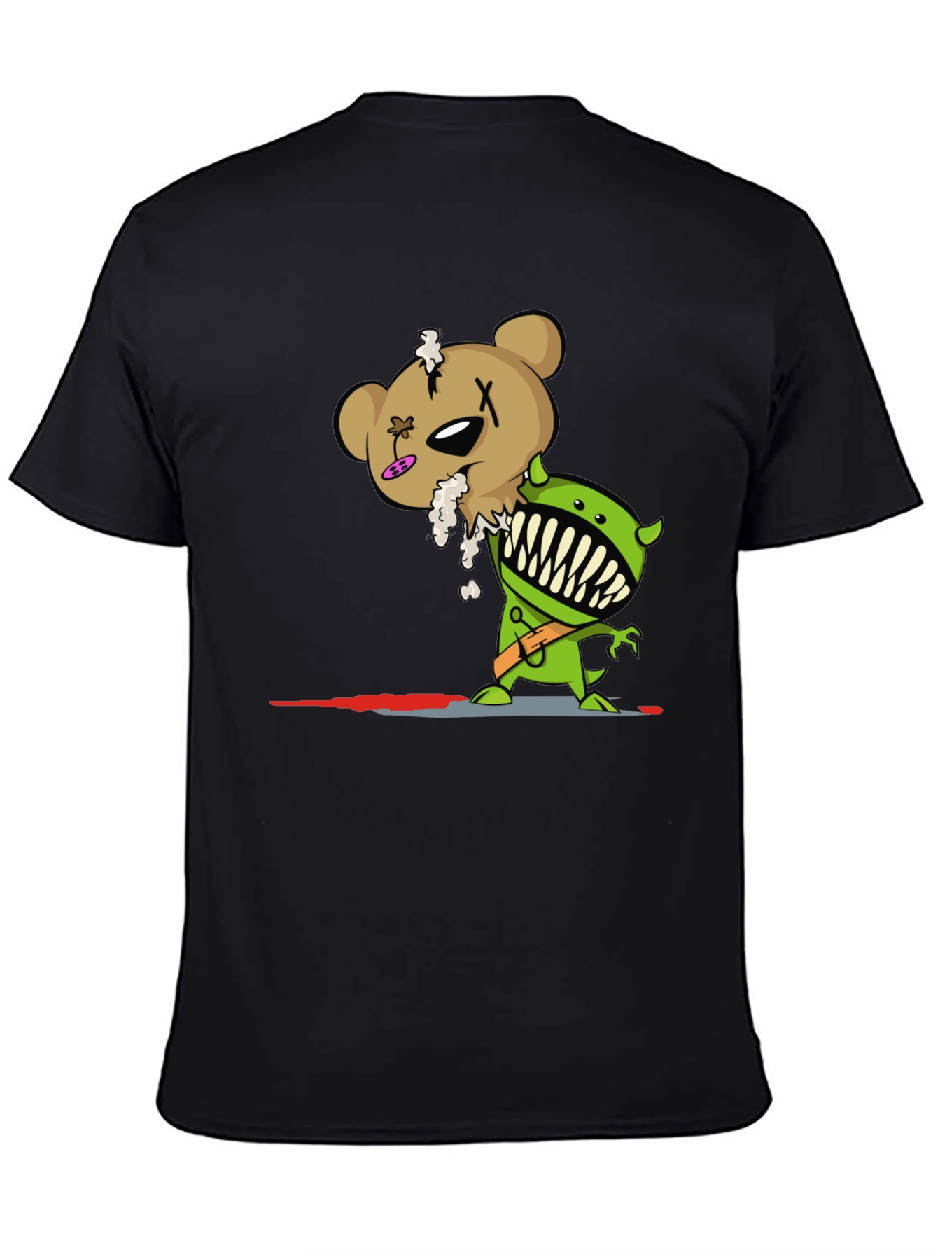 Cartoon Zombie Bear Graphic Print Black T-Shirt