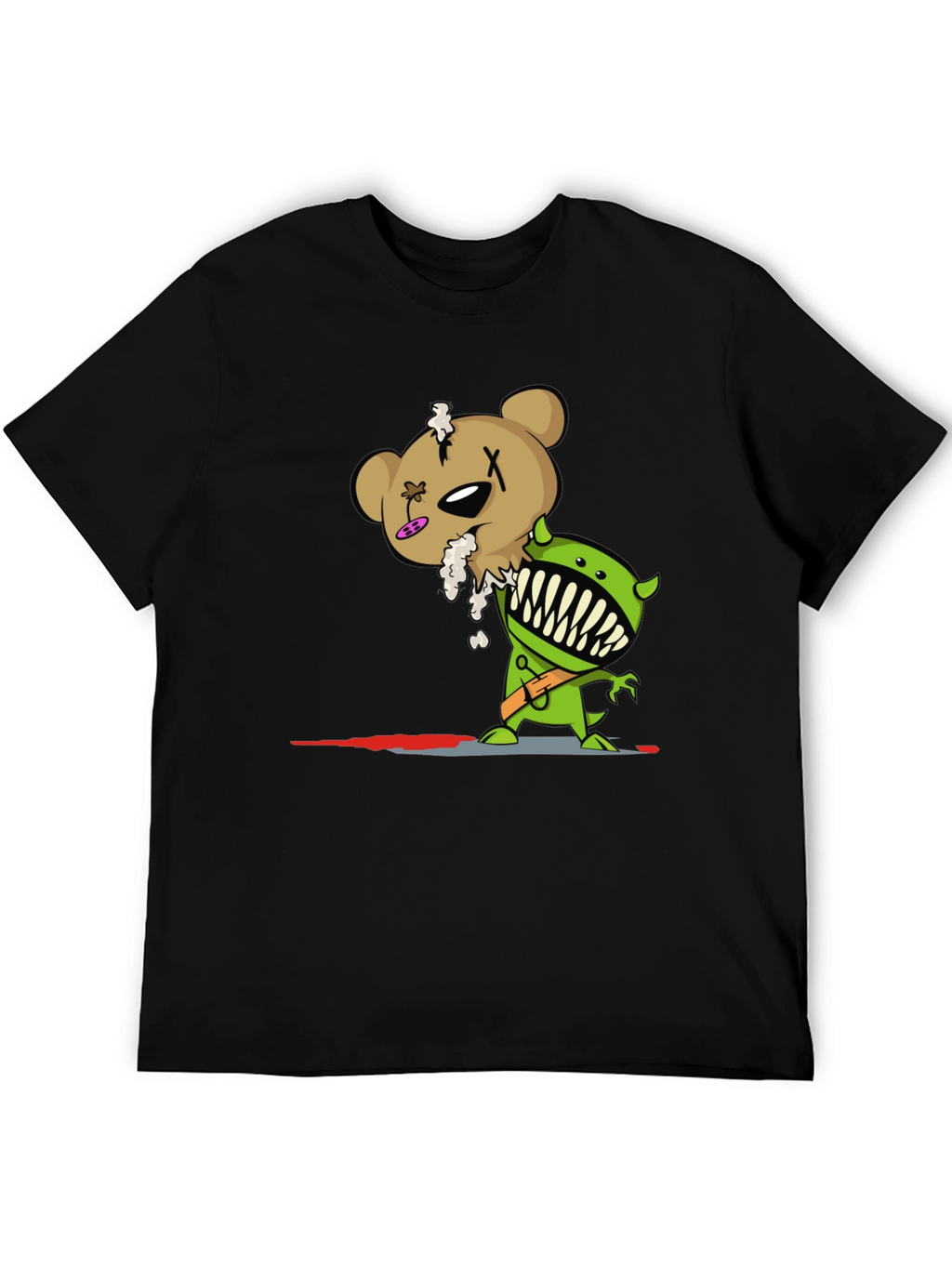Cartoon Zombie Bear Graphic Print Black T-Shirt