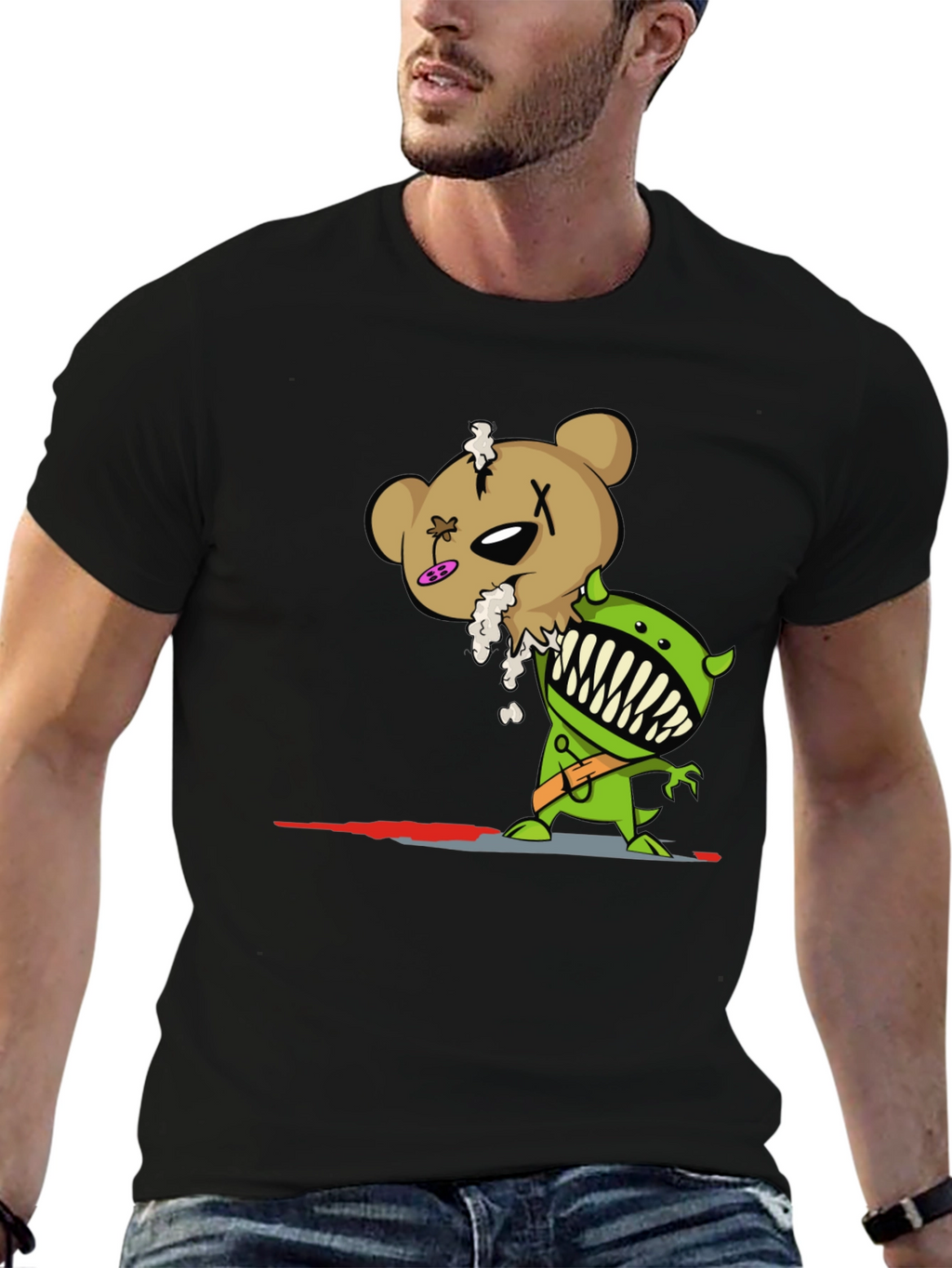 Cartoon Zombie Bear Graphic Print Black T-Shirt