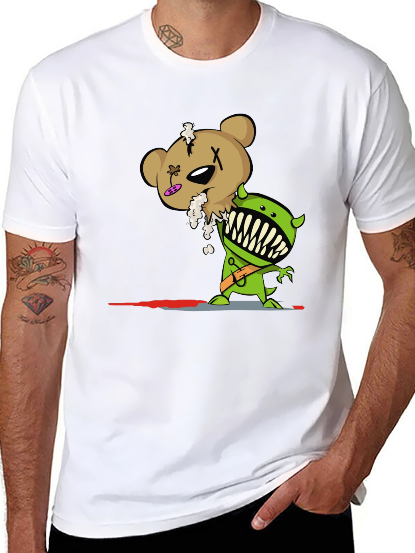 Cartoon Zombie Bear Graphic Print Black T-Shirt