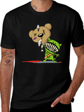 Cartoon Zombie Bear Graphic Print Black T-Shirt