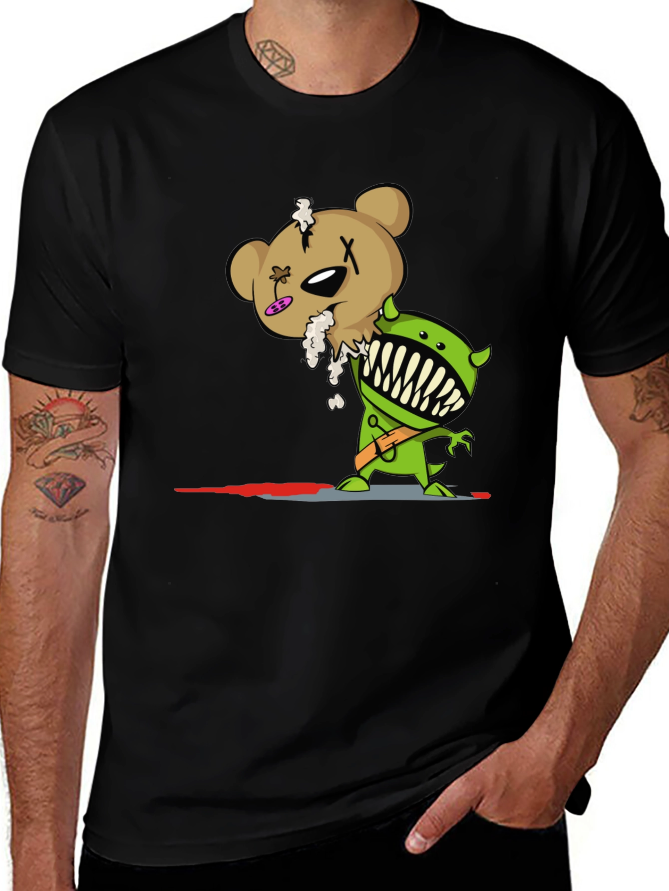 Cartoon Zombie Bear Graphic Print Black T-Shirt