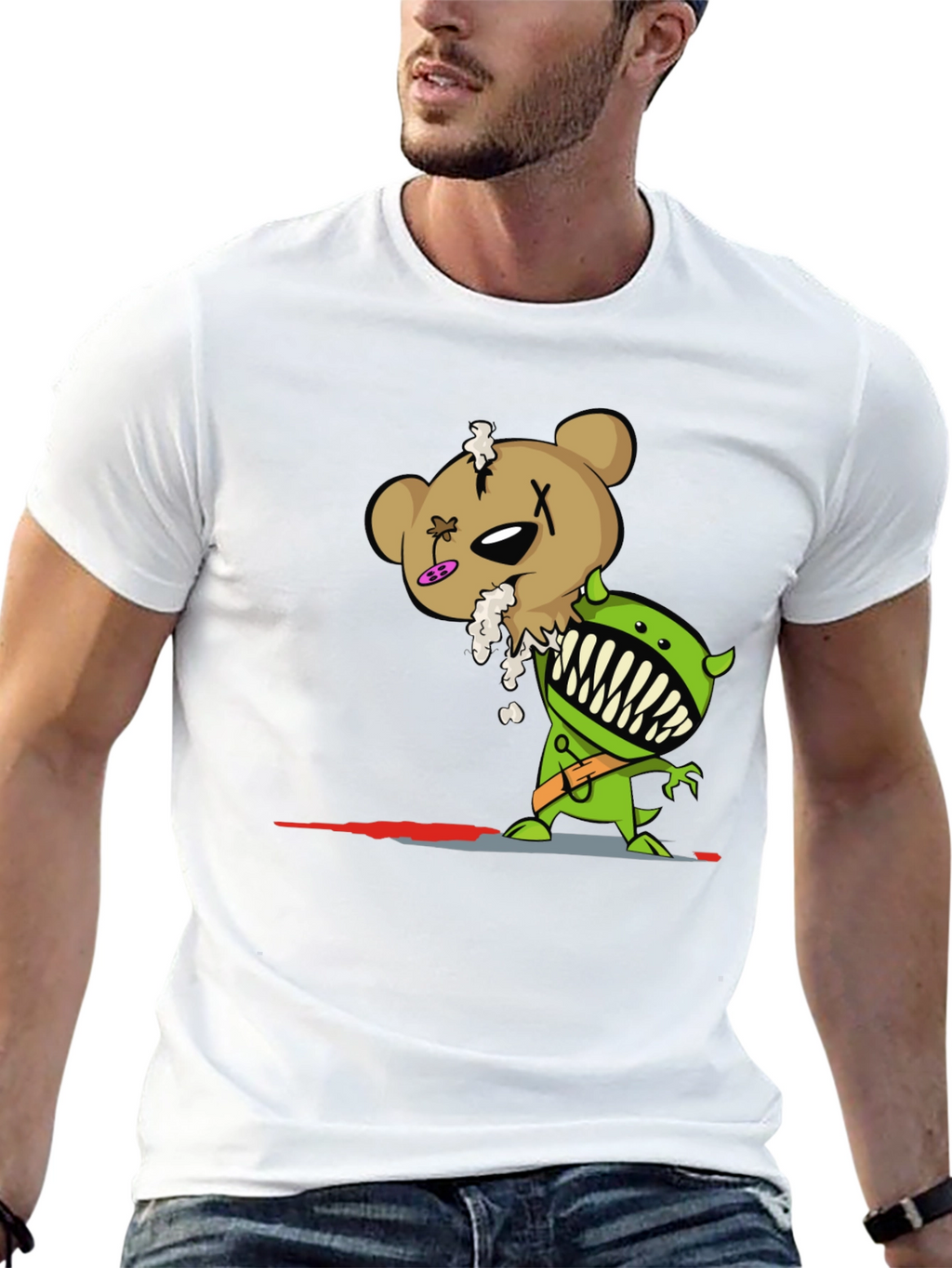 Cartoon Zombie Bear Graphic Print Black T-Shirt