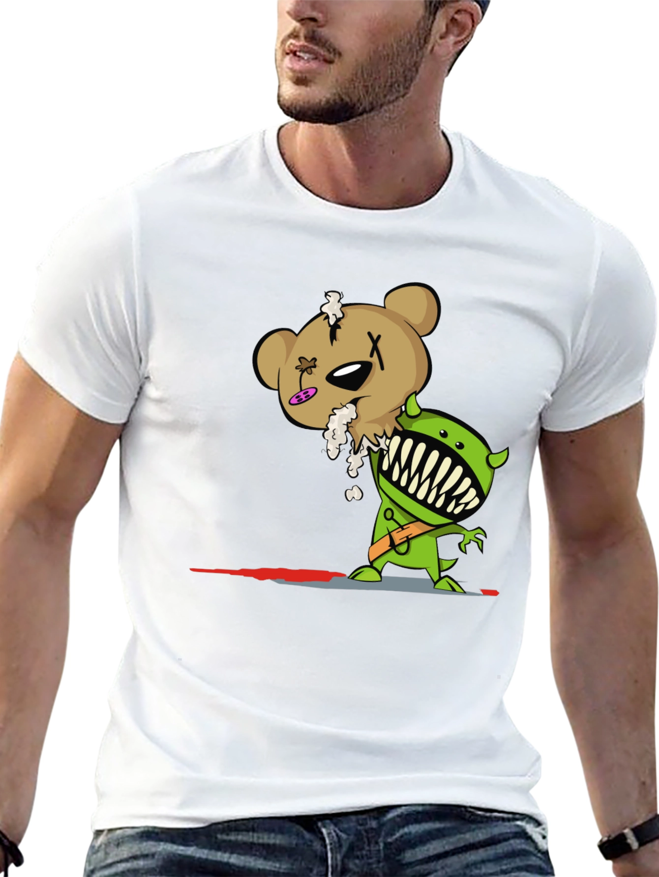 Cartoon Zombie Bear Graphic Print Black T-Shirt