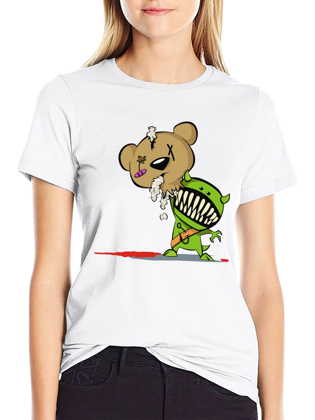 Cartoon Zombie Bear Graphic Print Black T-Shirt