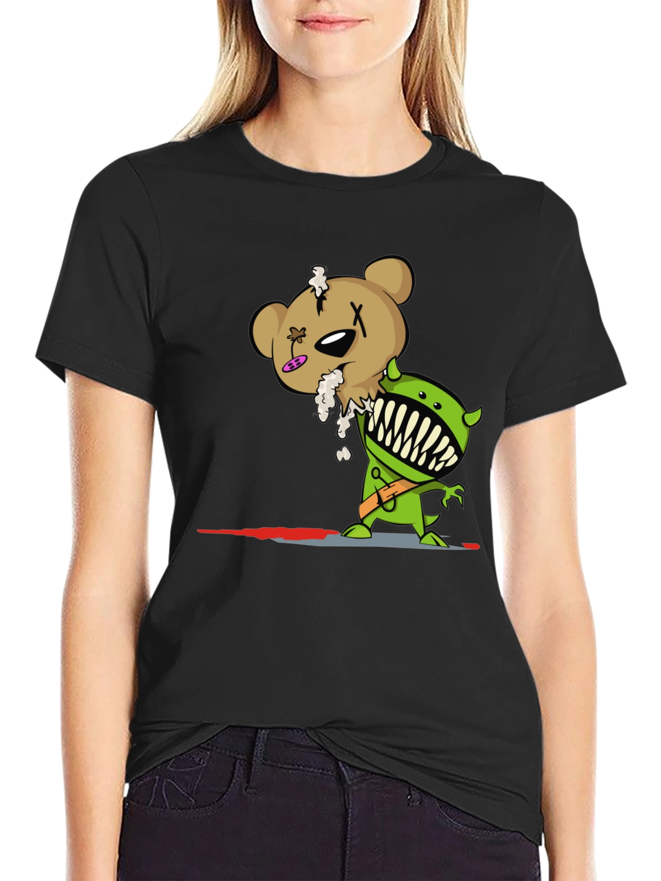 Cartoon Zombie Bear Graphic Print Black T-Shirt