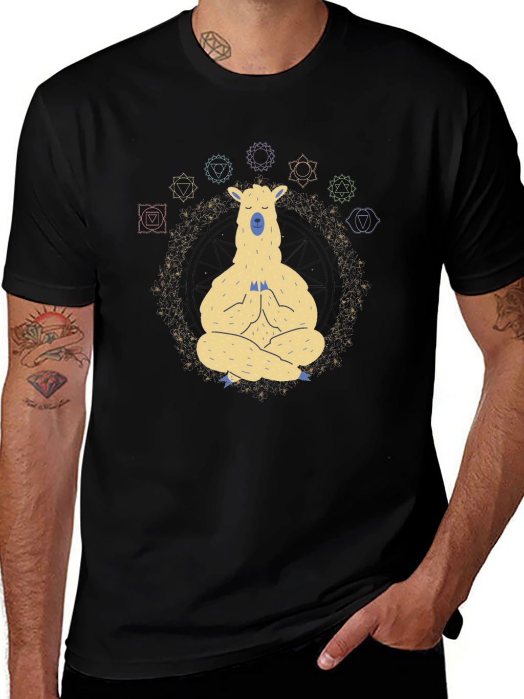 Meditating Llama Chakra T-Shirt - Black