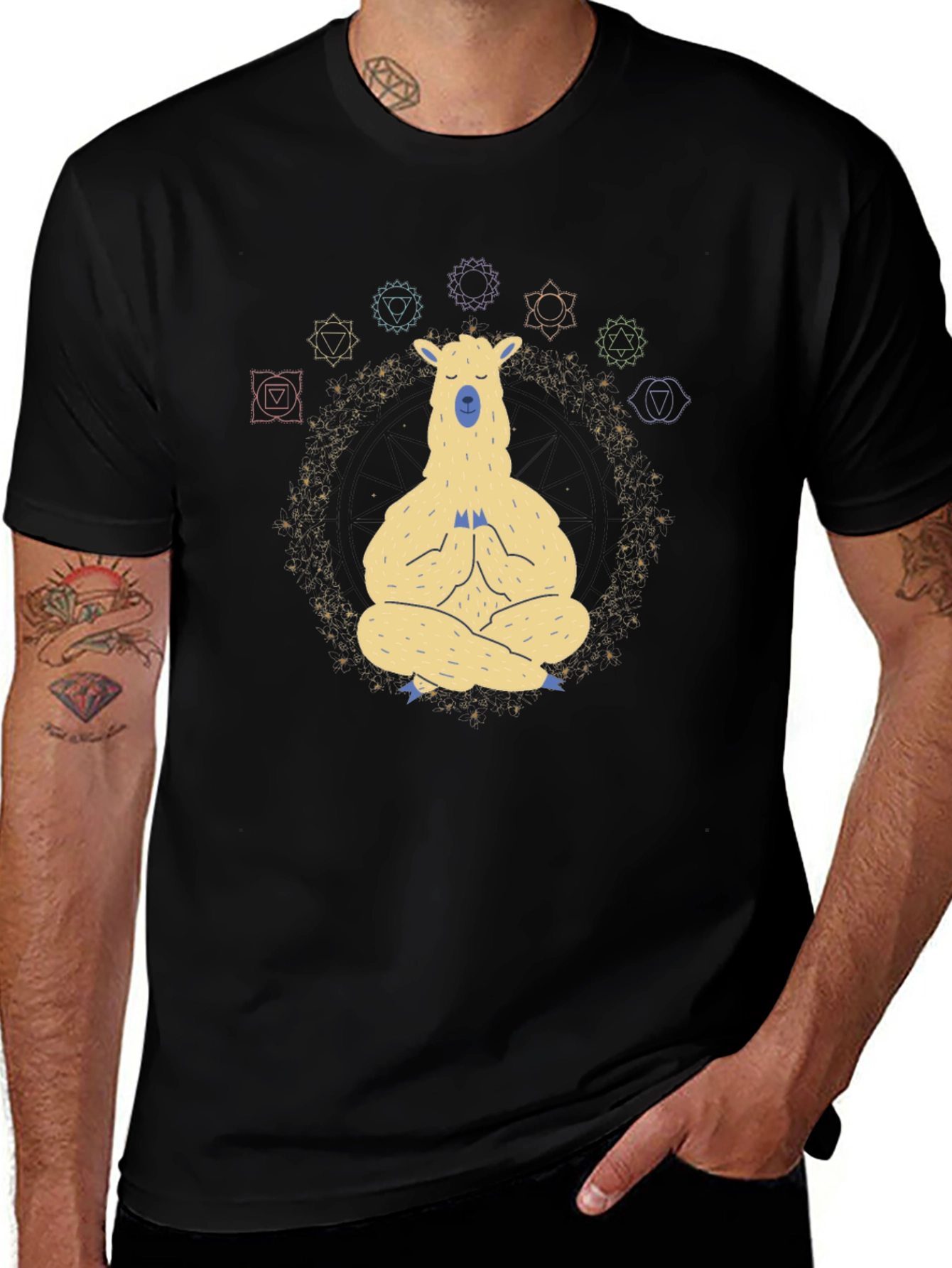 Meditating Llama Chakra T-Shirt - Black