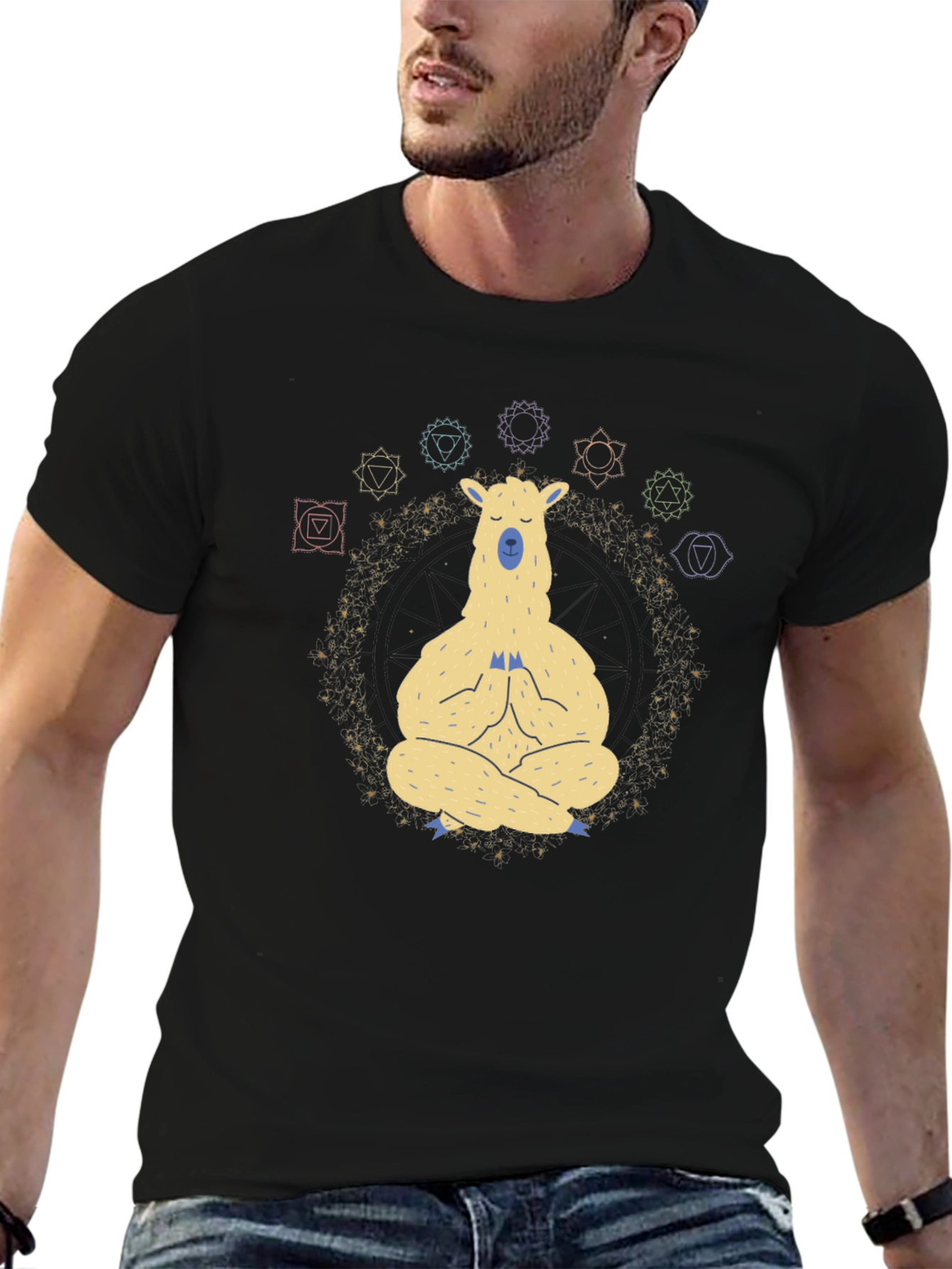 Meditating Llama Chakra T-Shirt - Black