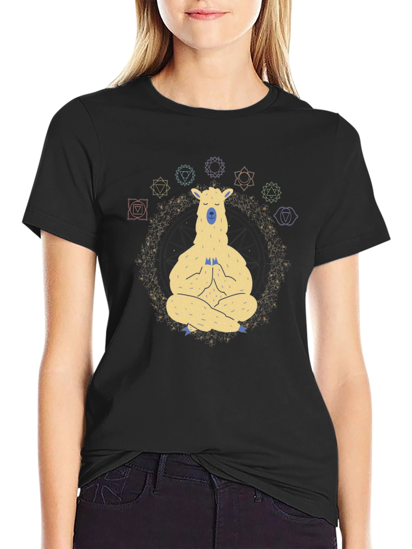 Meditating Llama Chakra T-Shirt - Black
