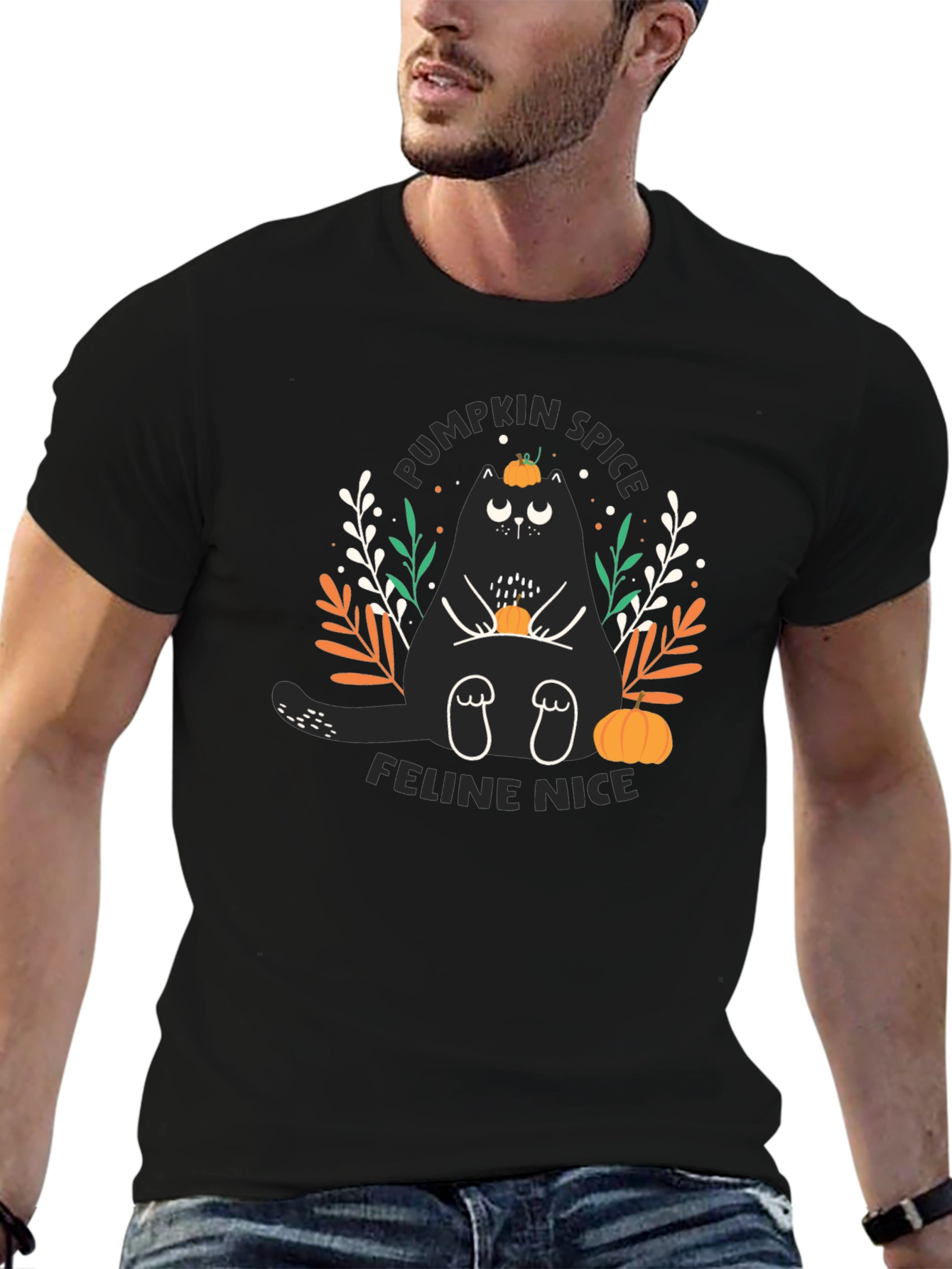 Pumpkin Spice Feline Nice Black T-Shirt