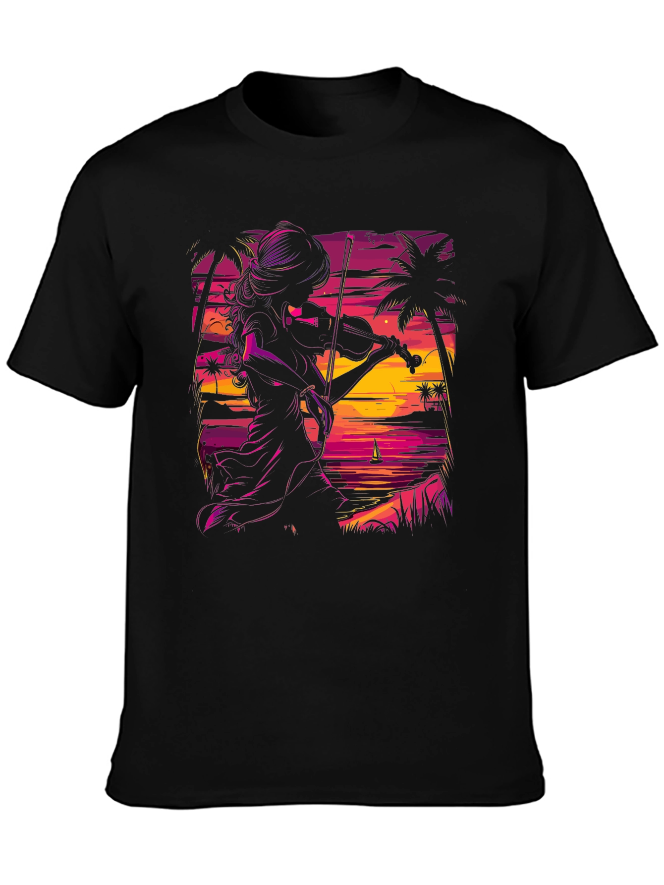 Sunset Violinist Graphic Tee - Stylish Black T-Shirt
