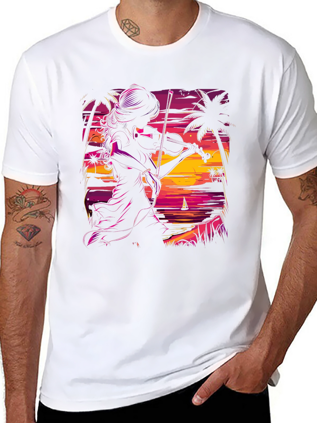 Sunset Violinist Graphic Tee - Stylish Black T-Shirt