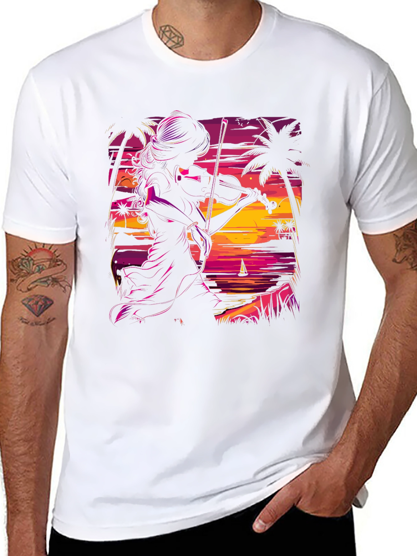 Sunset Violinist Graphic Tee - Stylish Black T-Shirt
