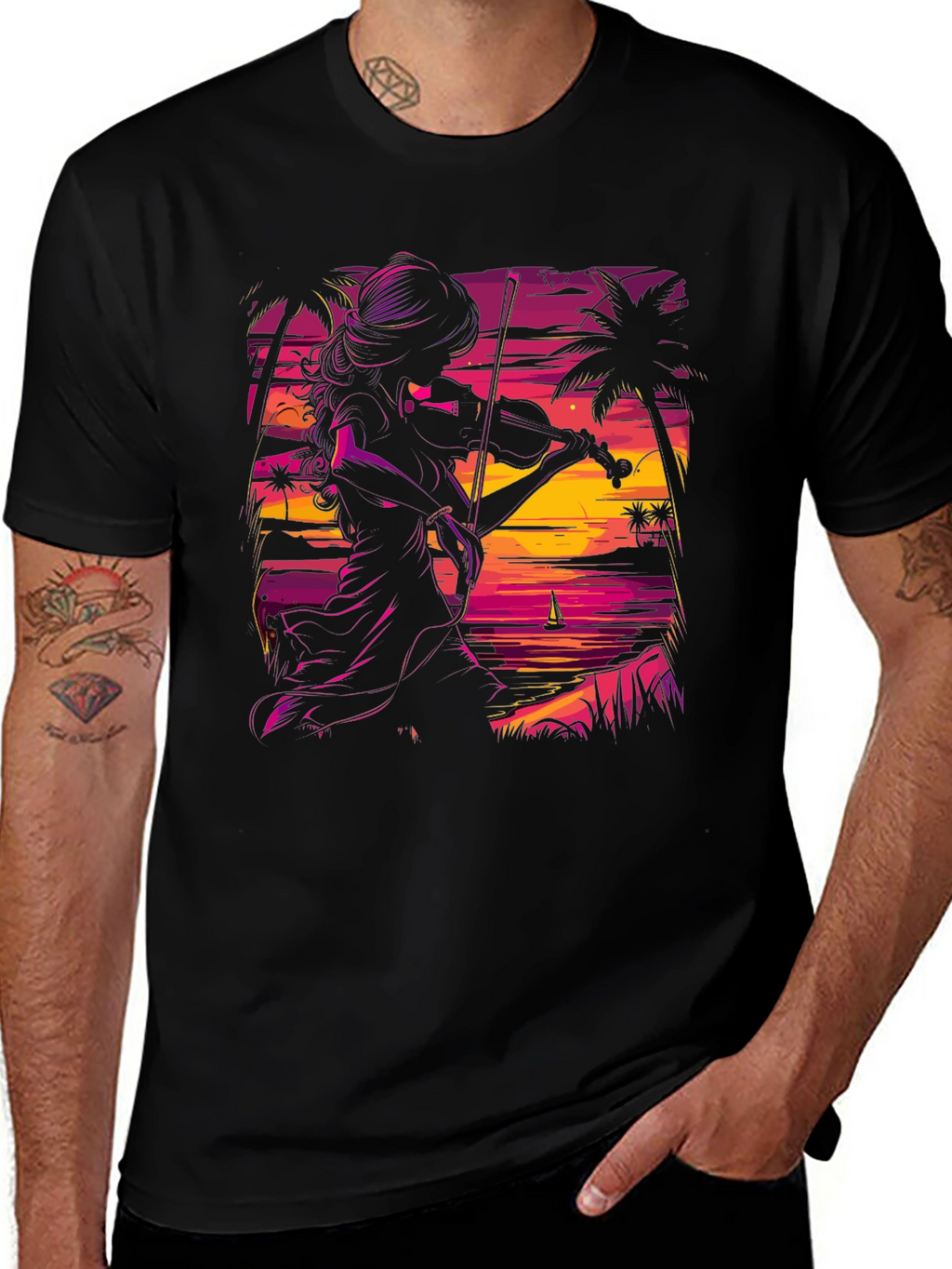Sunset Violinist Graphic Tee - Stylish Black T-Shirt